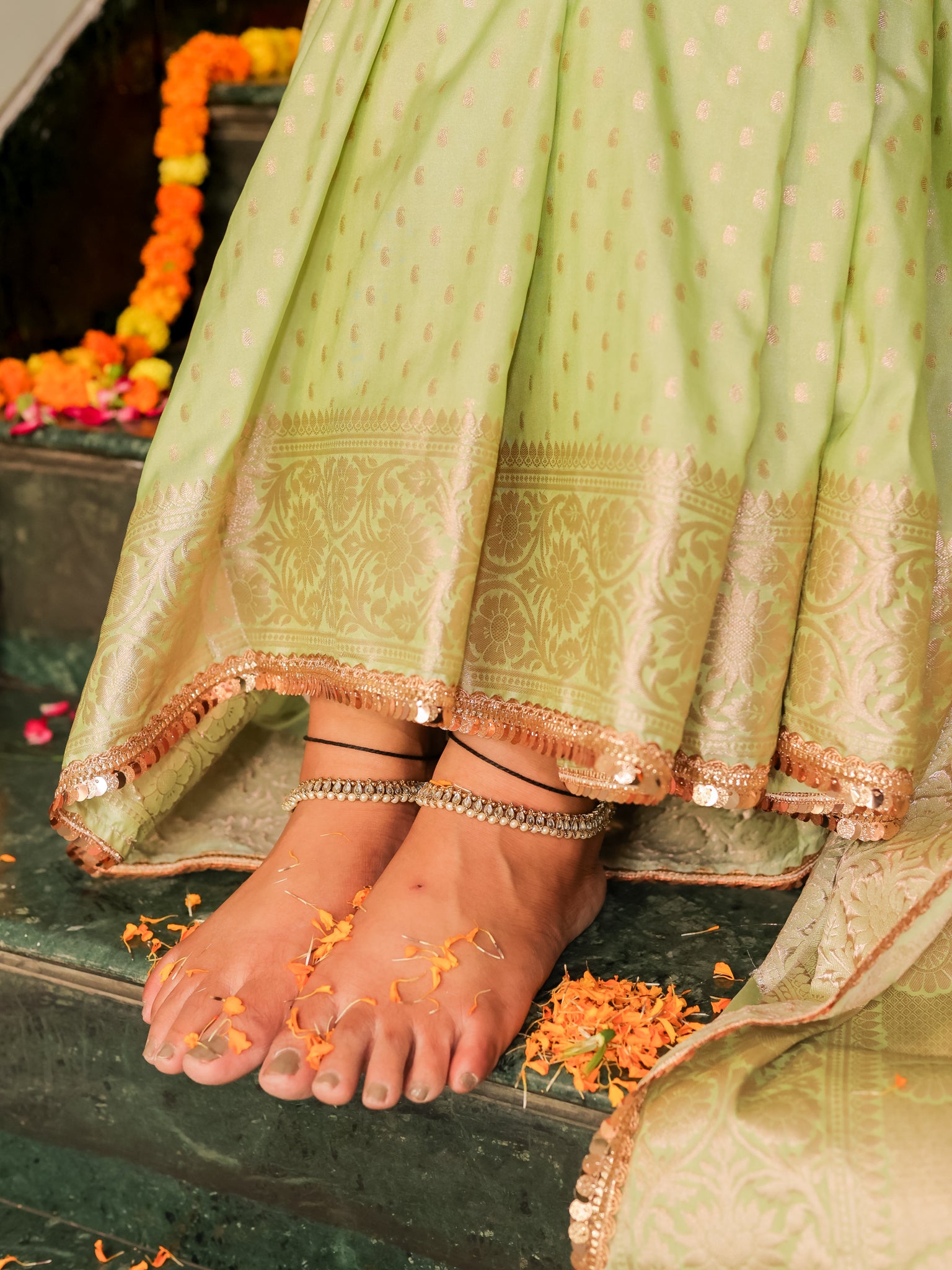Banarasi Semi Silk Saree With Buti Weaving & Lace Border - Green