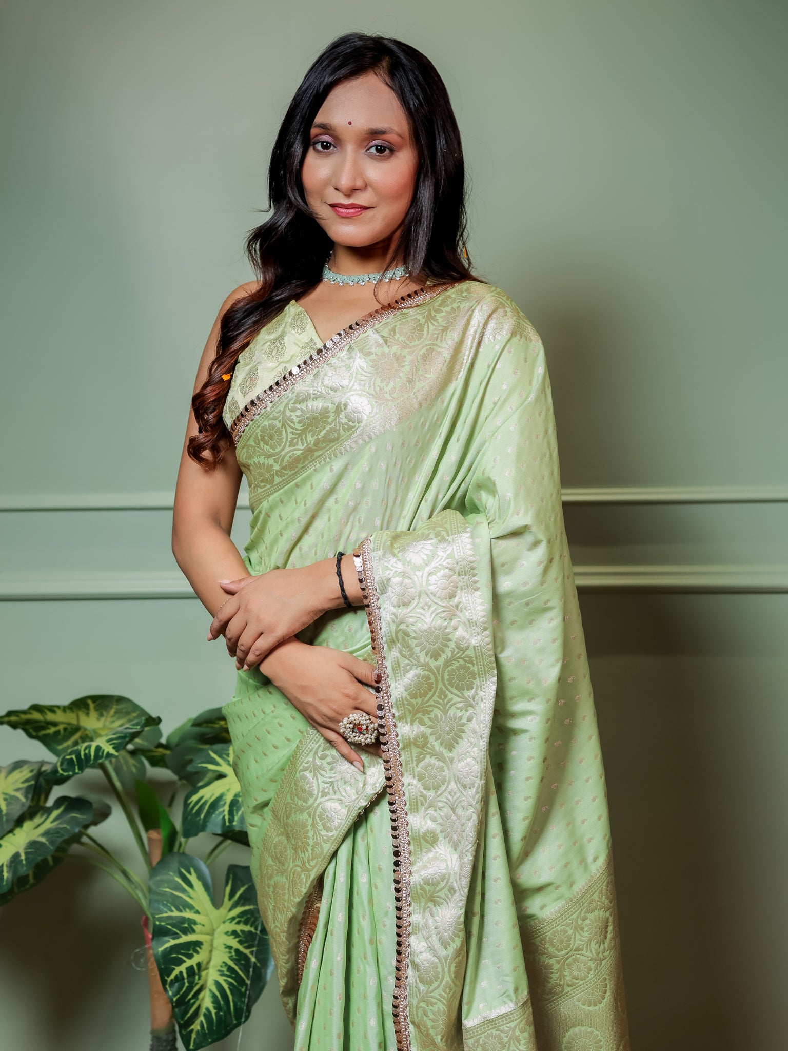 Banarasi Semi Silk Saree With Buti Weaving & Lace Border - Green