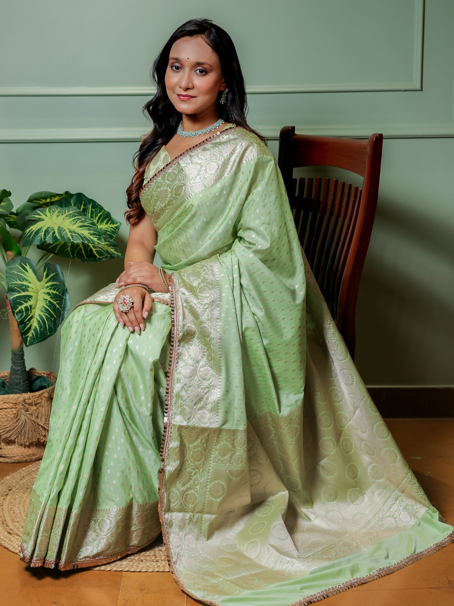 Banarasi Semi Silk Saree With Buti Weaving & Lace Border - Green