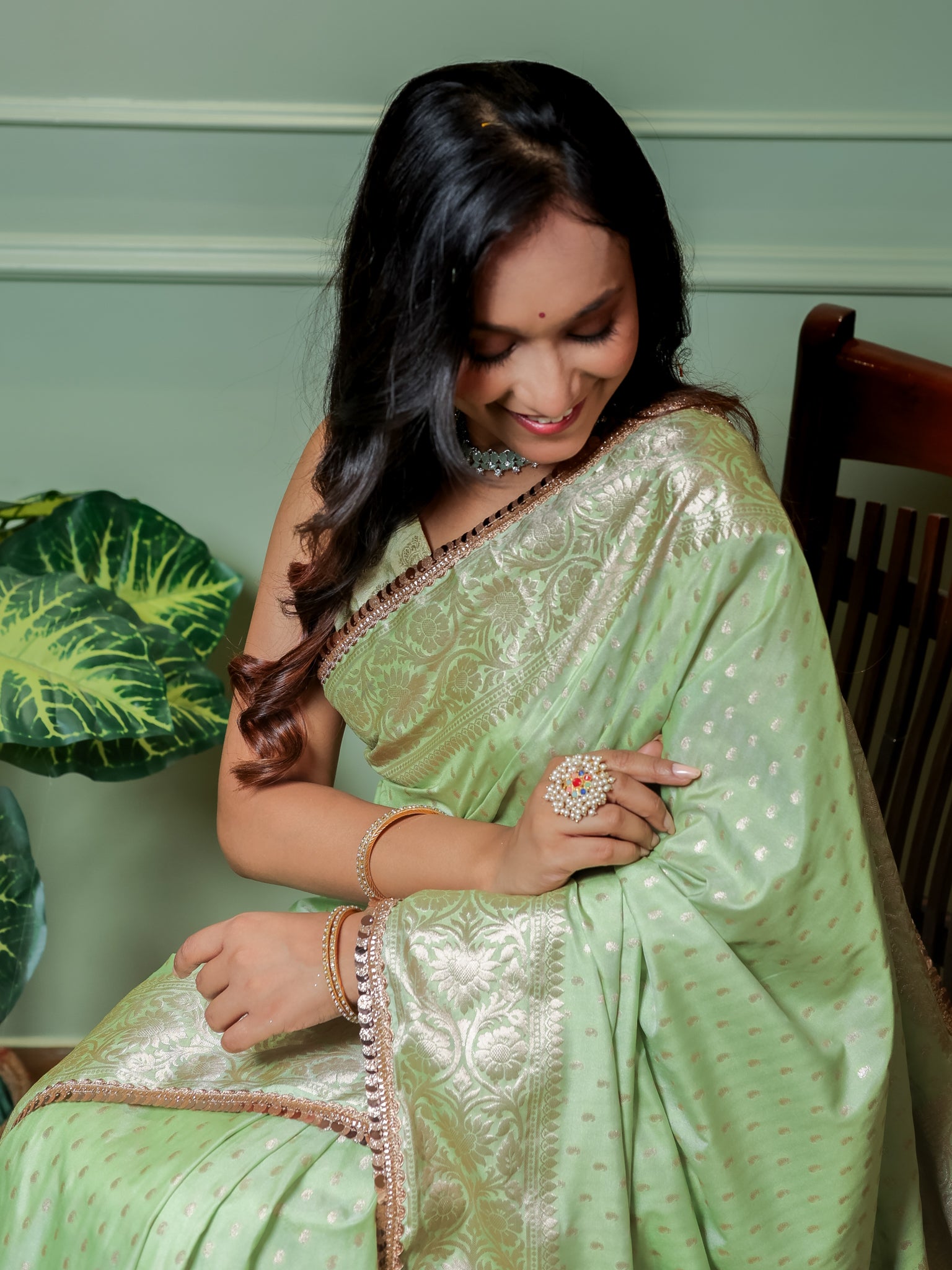 Banarasi Semi Silk Saree With Buti Weaving & Lace Border - Green