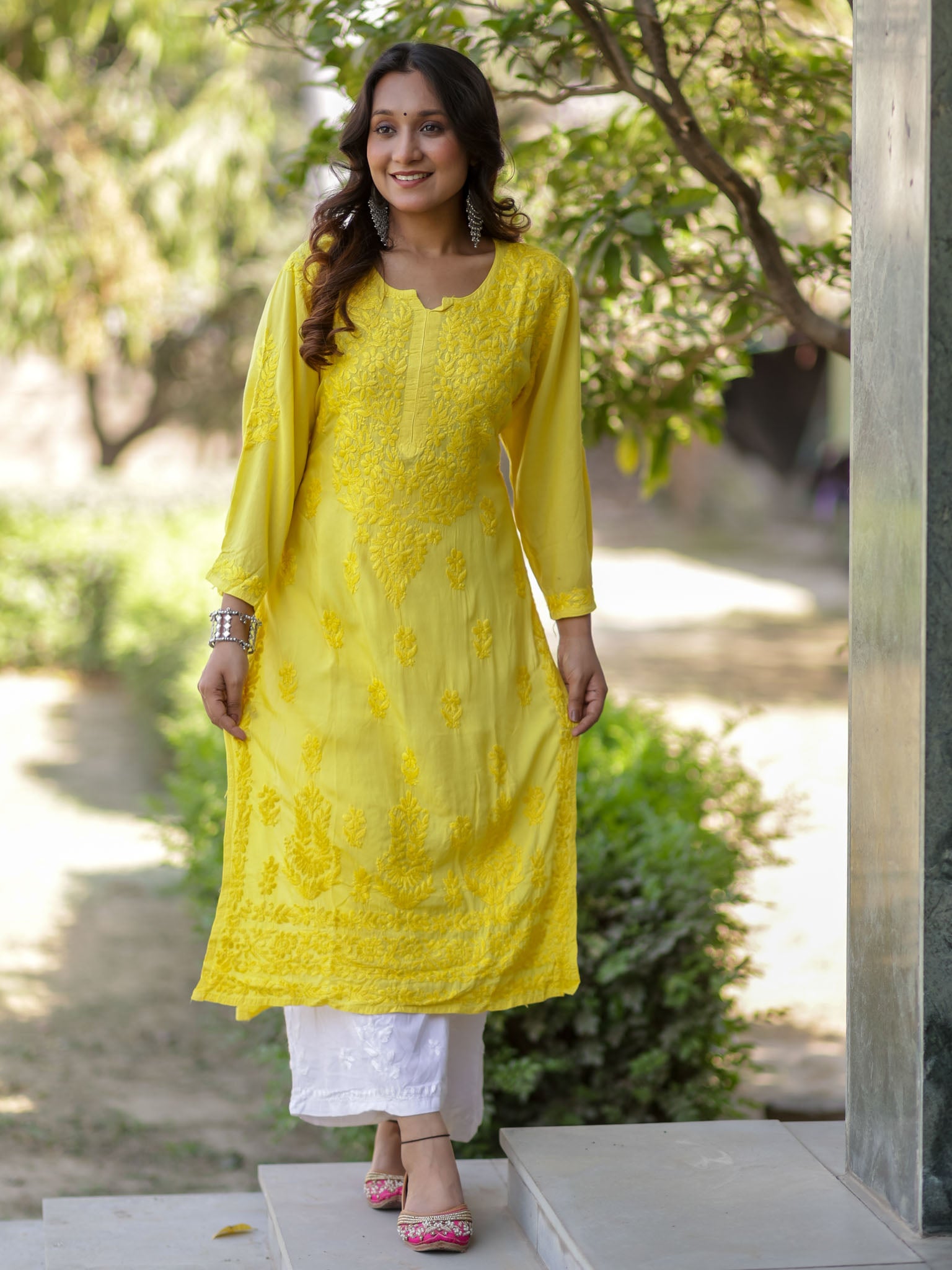 Readymade Heavy Chikankari Rayon Kurti-Yellow