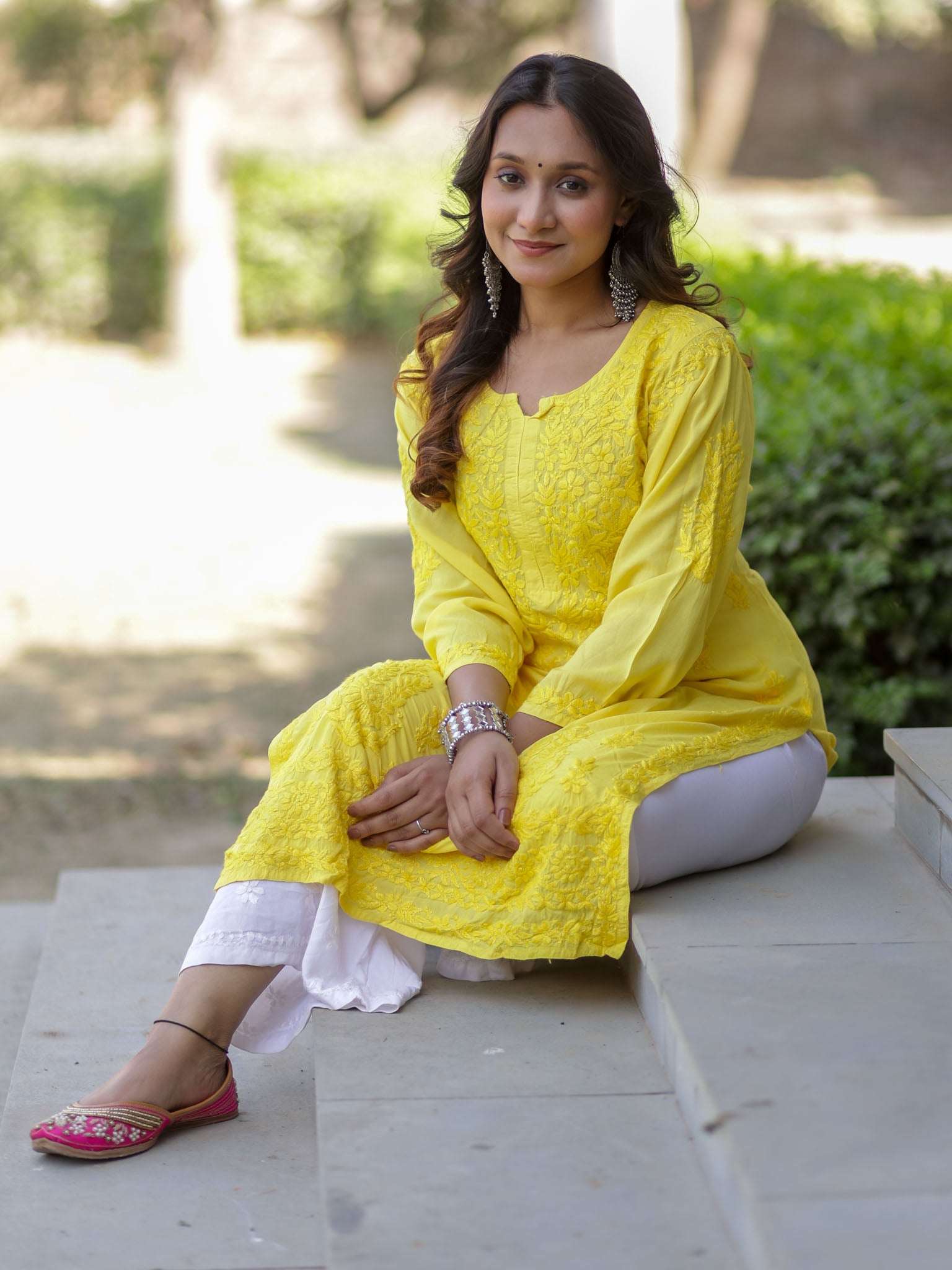 Readymade Heavy Chikankari Rayon Kurti-Yellow
