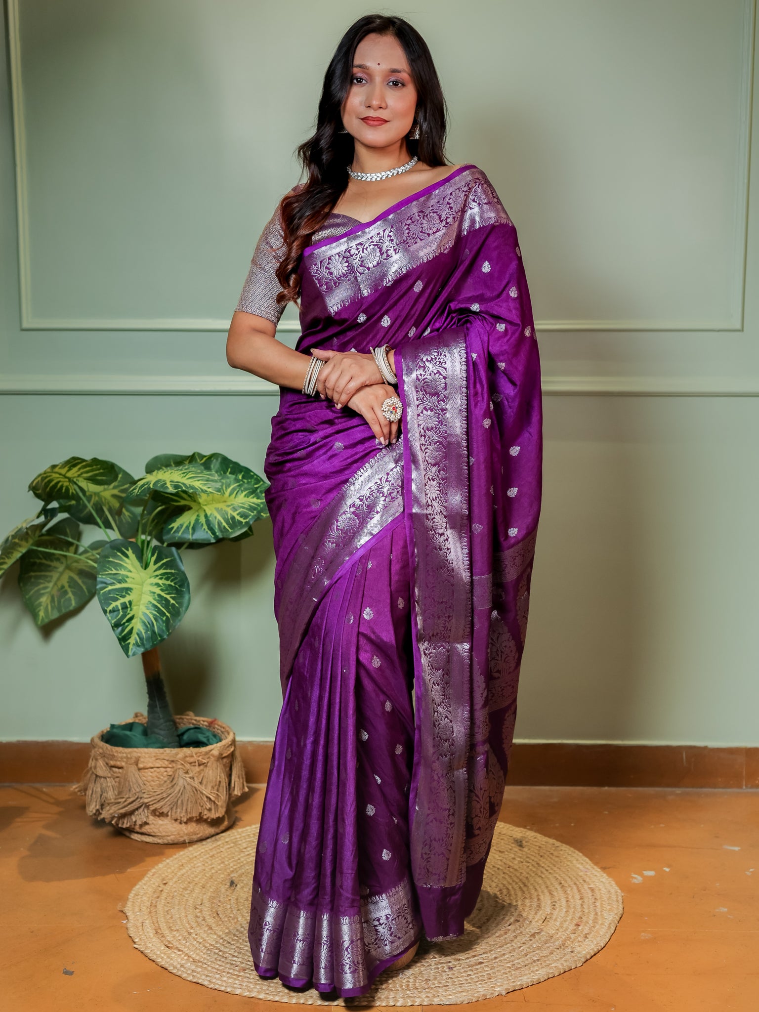Banarasi Cotton Silk Saree With Silver Zari Buti & Border-Violet