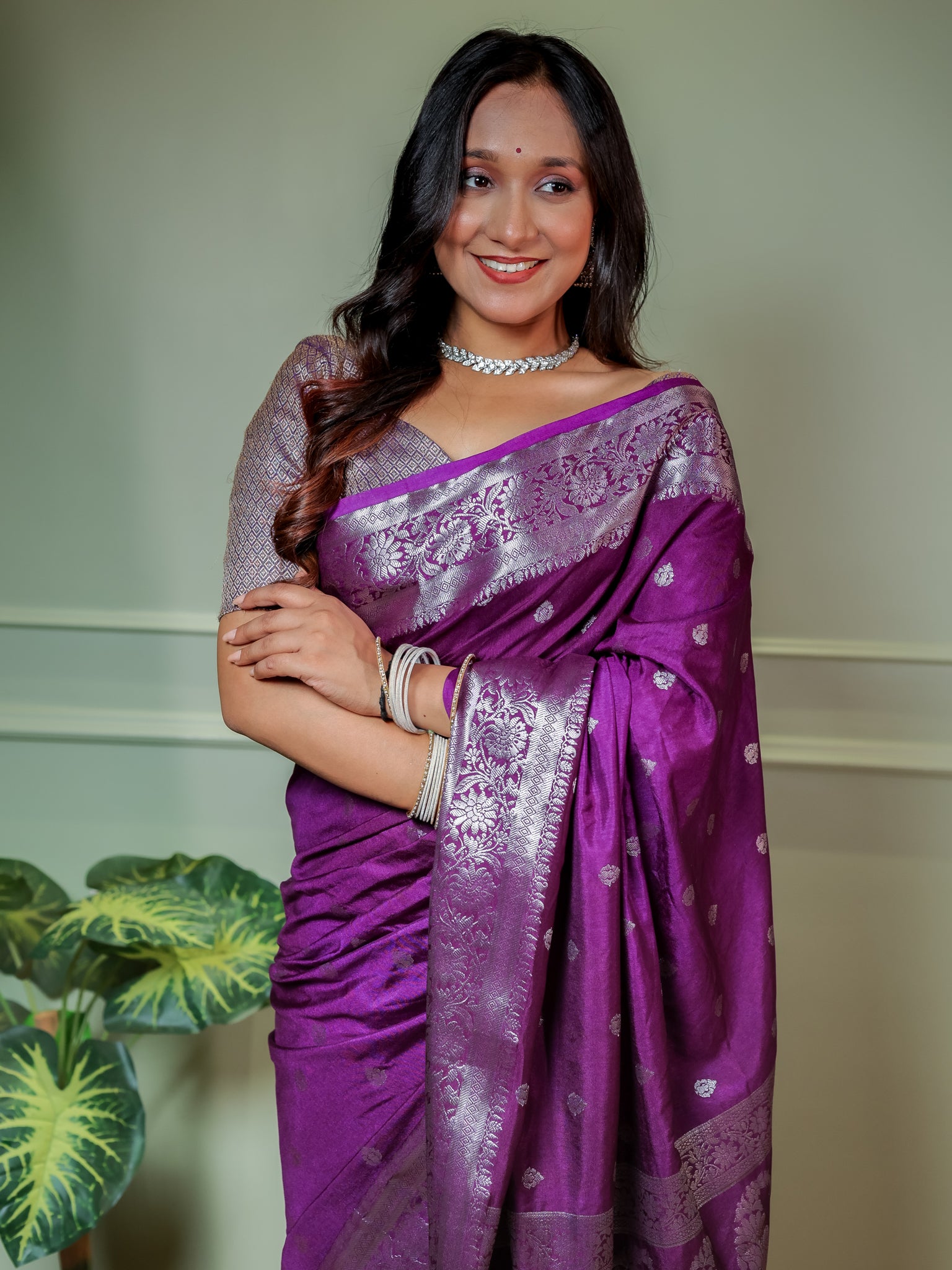 Banarasi Cotton Silk Saree With Silver Zari Buti & Border-Violet