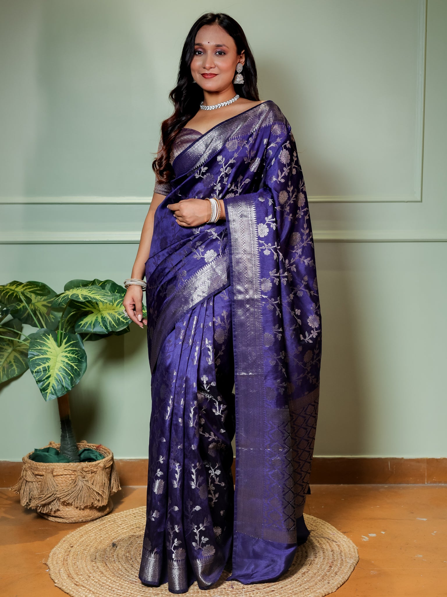 Banarasi Cotton Silk Saree With Floral Weaving & Border- Blue