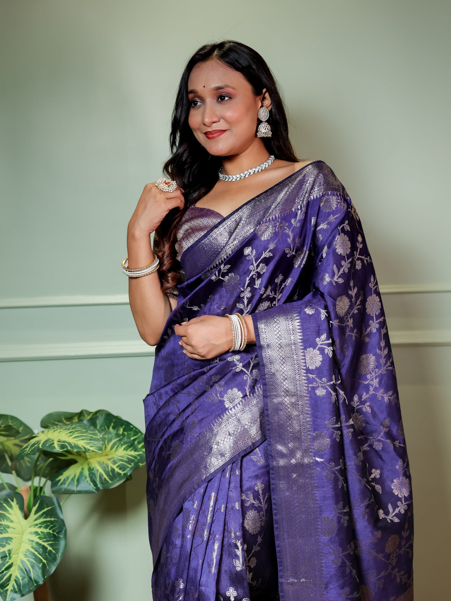 Banarasi Cotton Silk Saree With Floral Weaving & Border- Blue