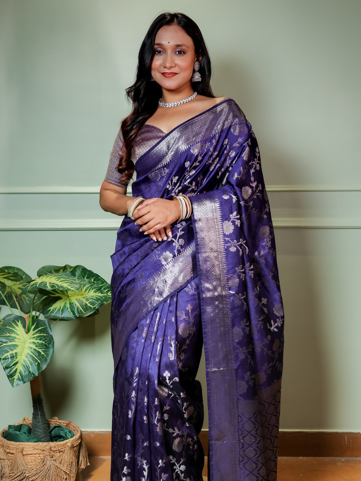 Banarasi Cotton Silk Saree With Floral Weaving & Border- Blue