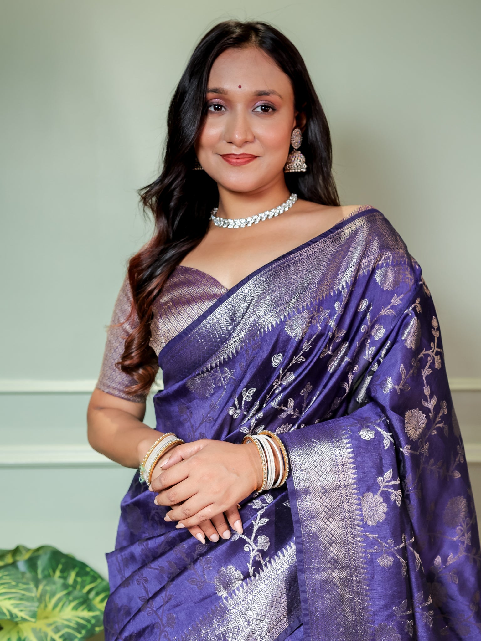 Banarasi Cotton Silk Saree With Floral Weaving & Border- Blue