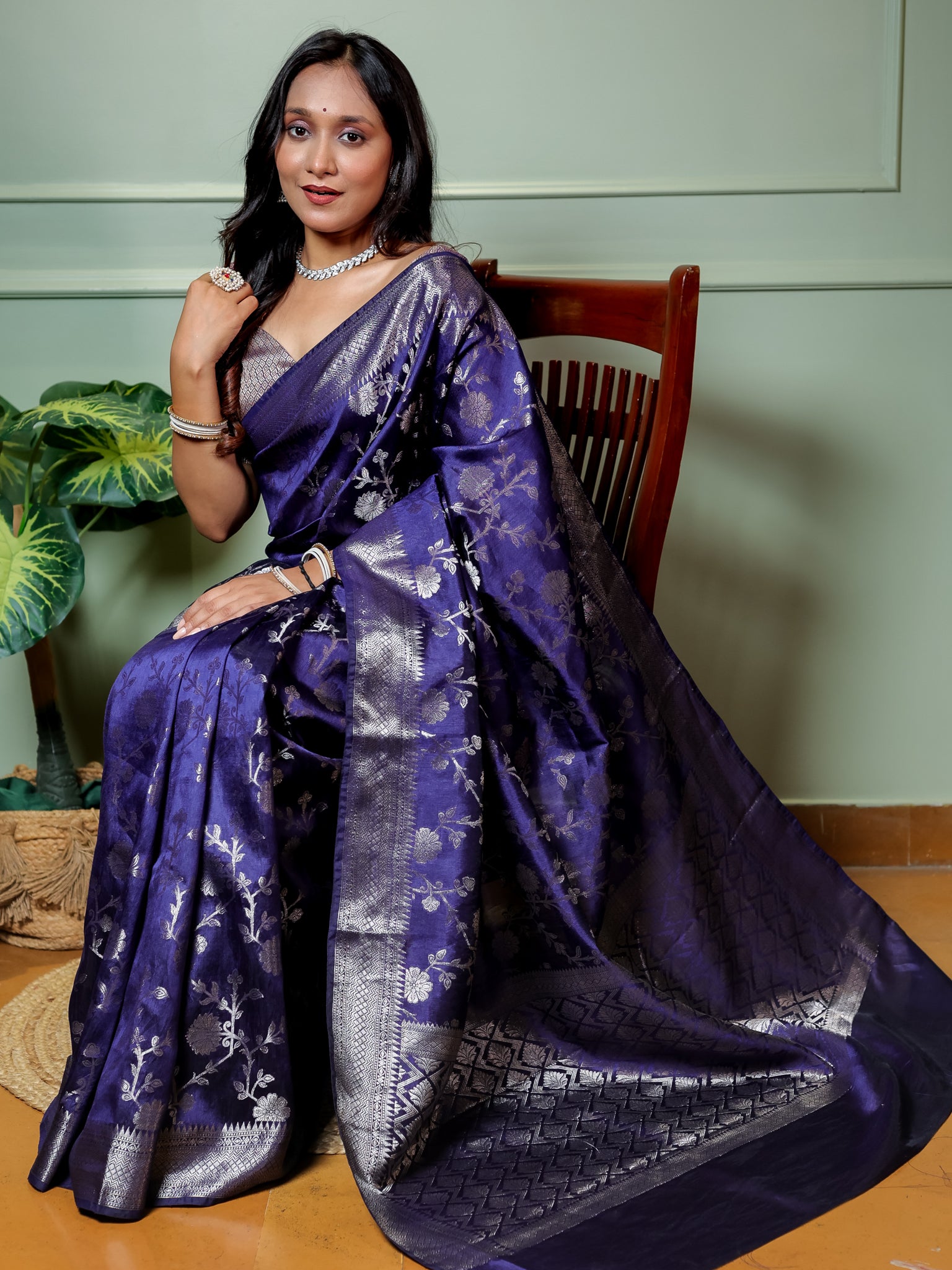 Banarasi Cotton Silk Saree With Floral Weaving & Border- Blue