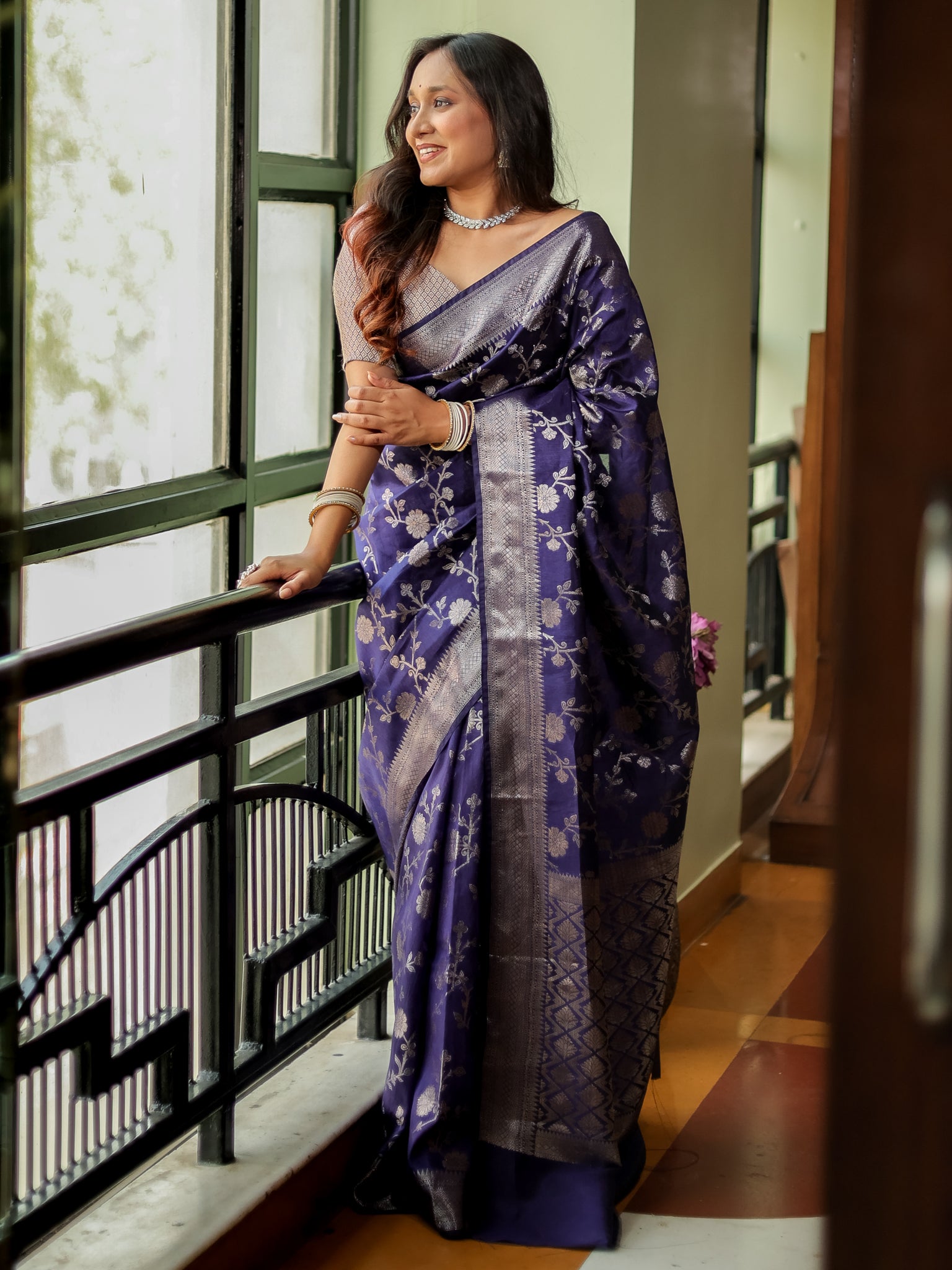 Banarasi Cotton Silk Saree With Floral Weaving & Border- Blue