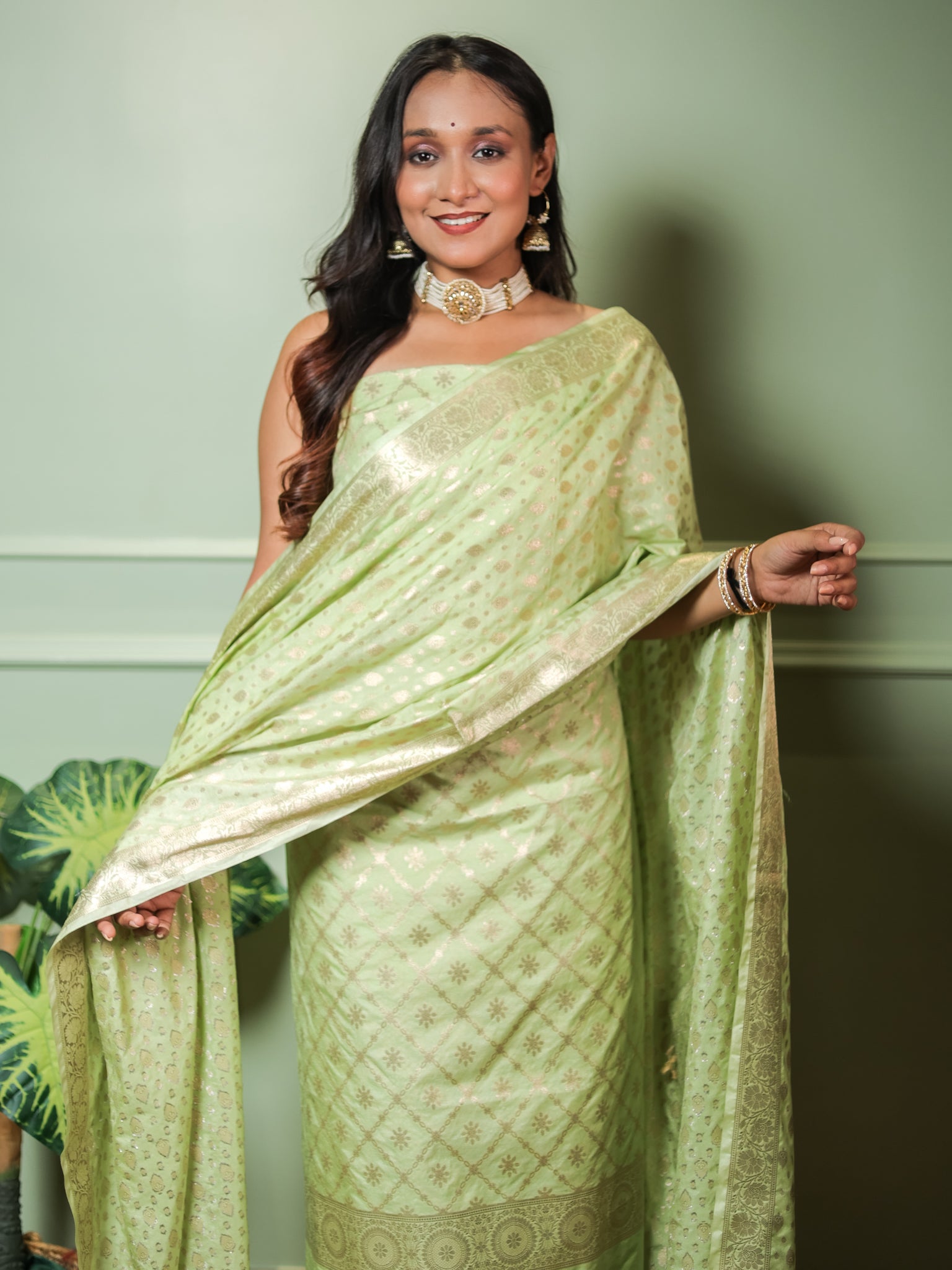 Banarasi Semi Katan Salwar Kameez Fabric With Dupatta- Green