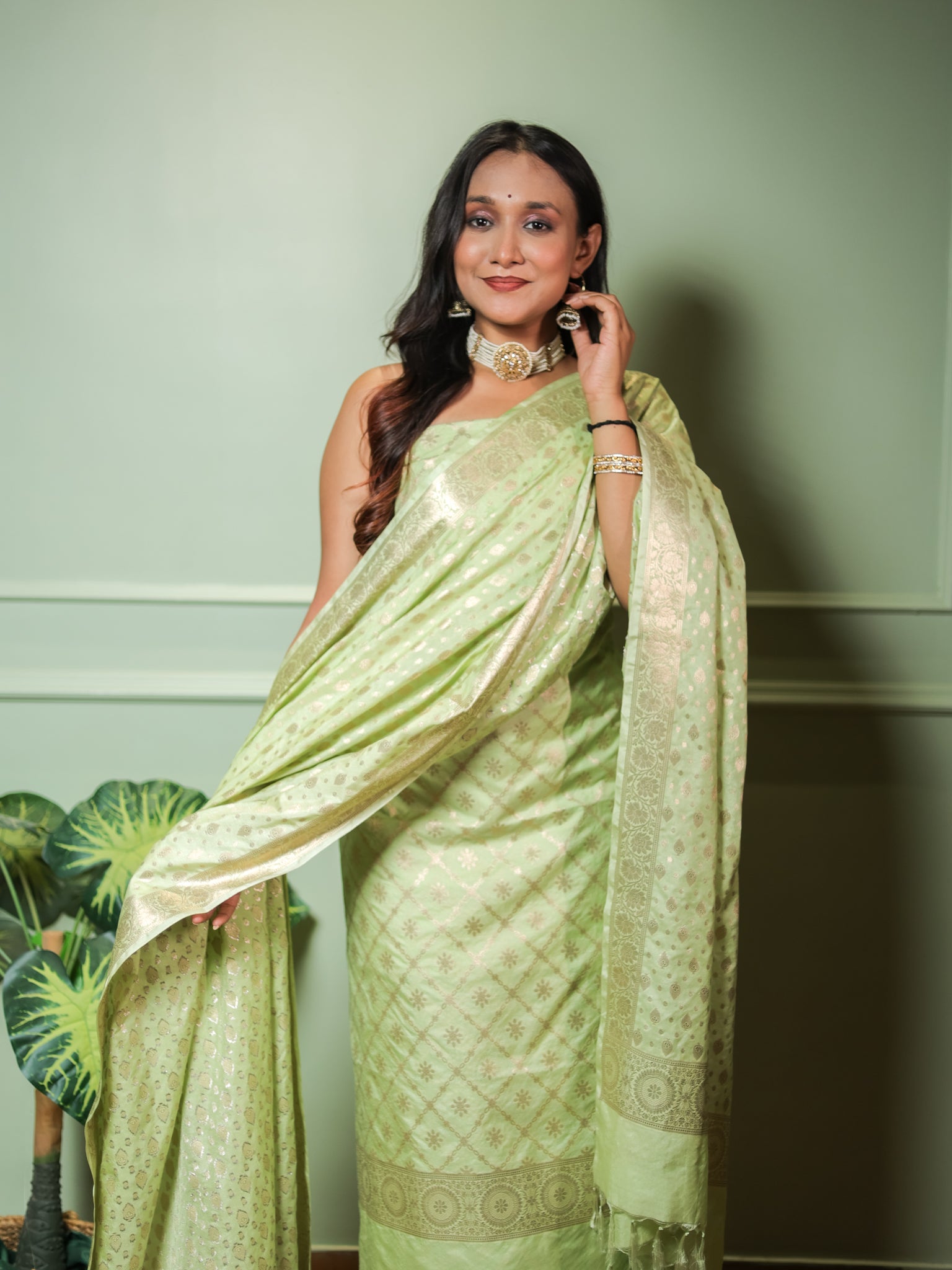 Banarasi Semi Katan Salwar Kameez Fabric With Dupatta- Green