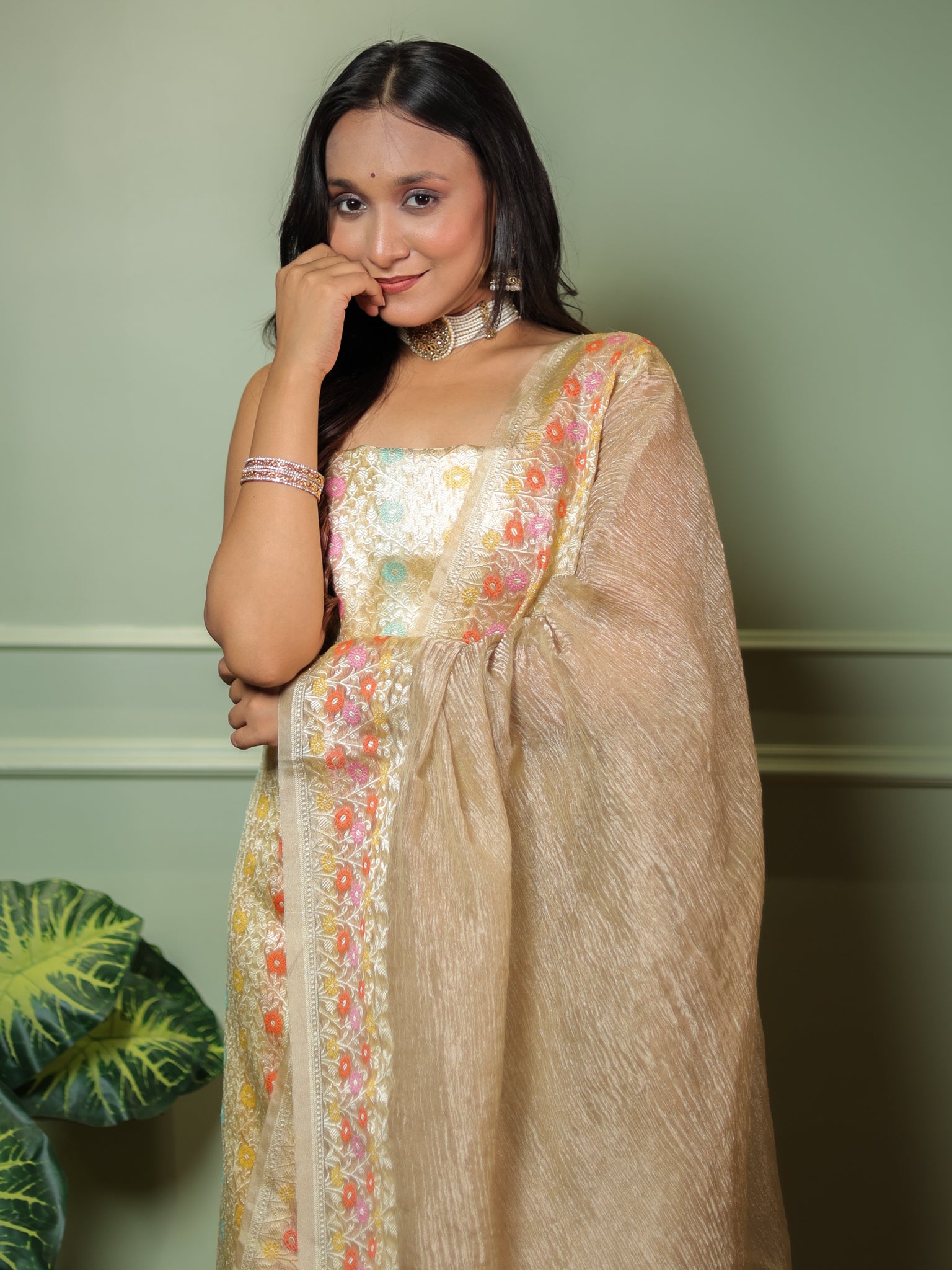 Banarasi Crushed Tissue Salwar Kameez Fabric With Dupatta- Beige