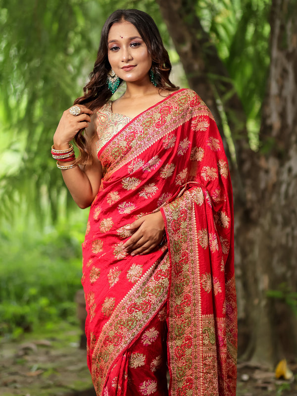 Banarasi Semi Georgette Saree With Resham Work and Border -Red