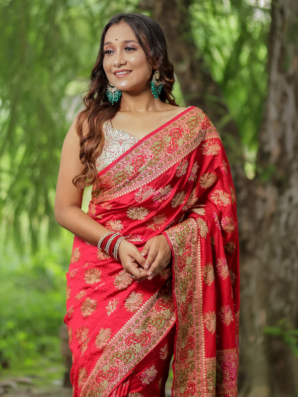 Banarasi Semi Georgette Saree With Resham Work and Border -Red