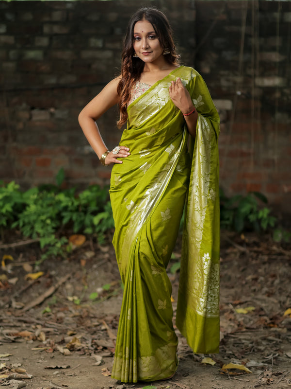 Banarasi  Cotton Silk Saree Silver Zari Weaving With Border-Green