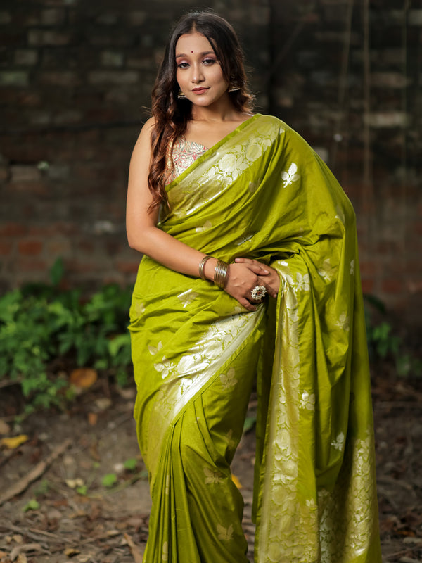 Banarasi  Cotton Silk Saree Silver Zari Weaving With Border-Green