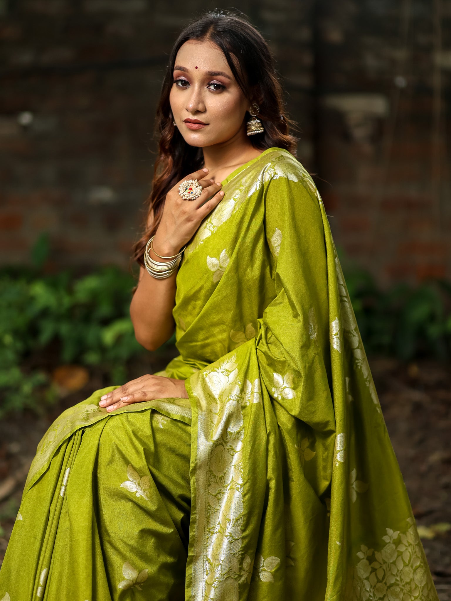 Banarasi  Cotton Silk Saree Silver Zari Weaving With Border-Green