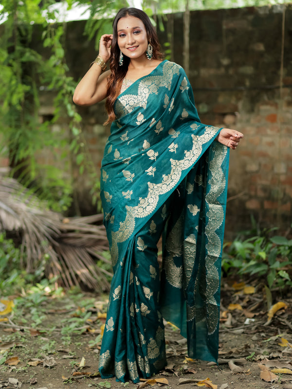 Banarasi Cotton Silk Saree With Zari Weaving & Scallop Border-Green