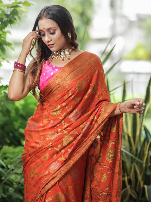 Banaras Pure Georgette Saree With Resham Weaving-Orange