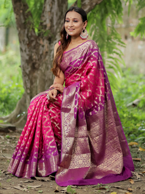 Banarasi Shaded Cotton Silk Saree With Gold Zari Weaving & Border-Pink