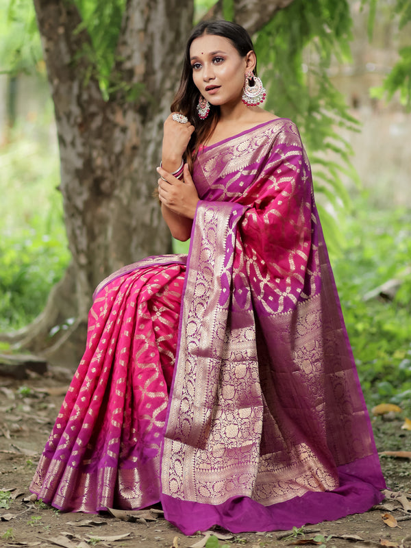 Banarasi Shaded Cotton Silk Saree With Gold Zari Weaving & Border-Pink