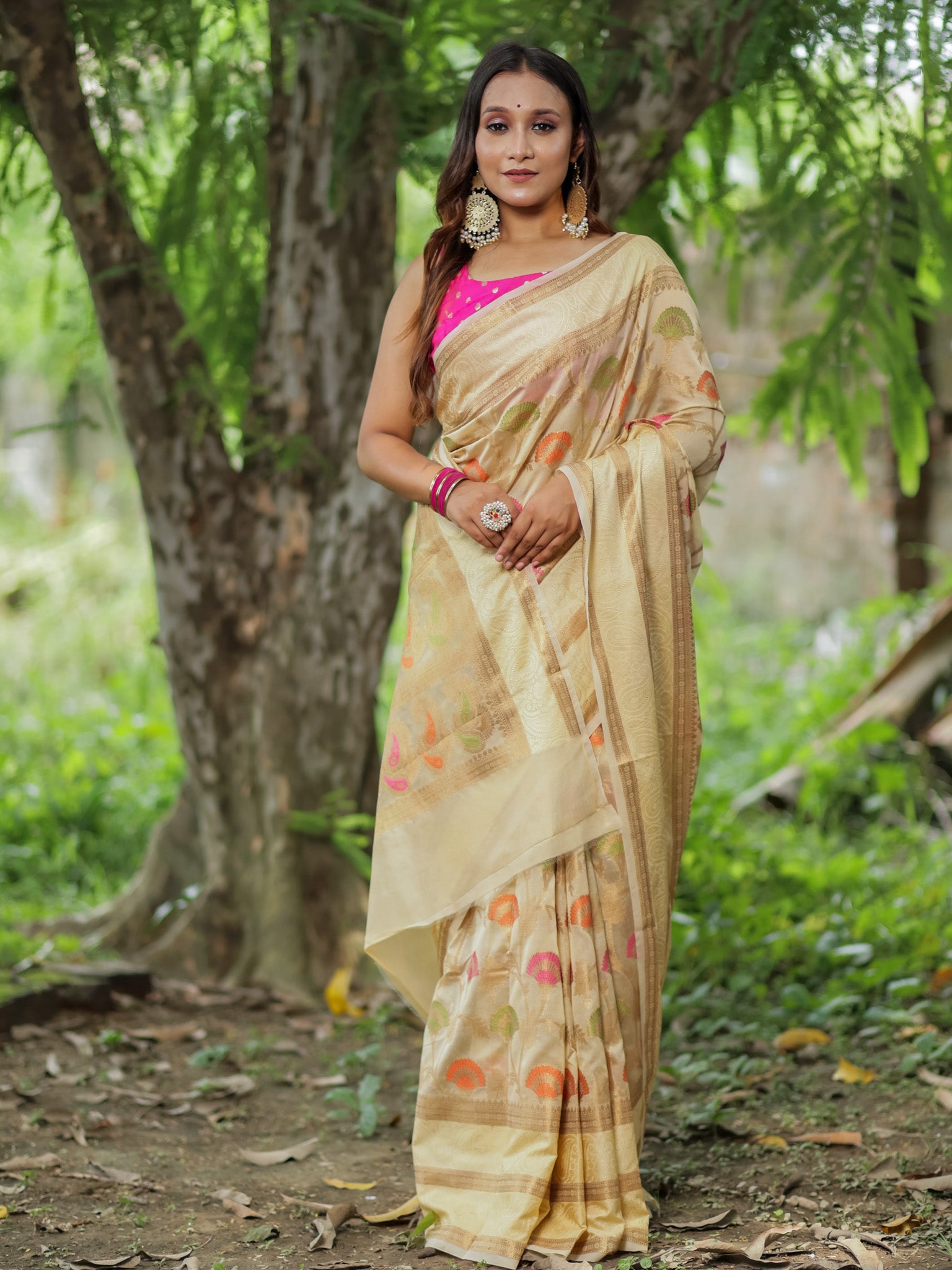 Banarasi Cotton Silk Saree With Resham Weaving & Border-Beige