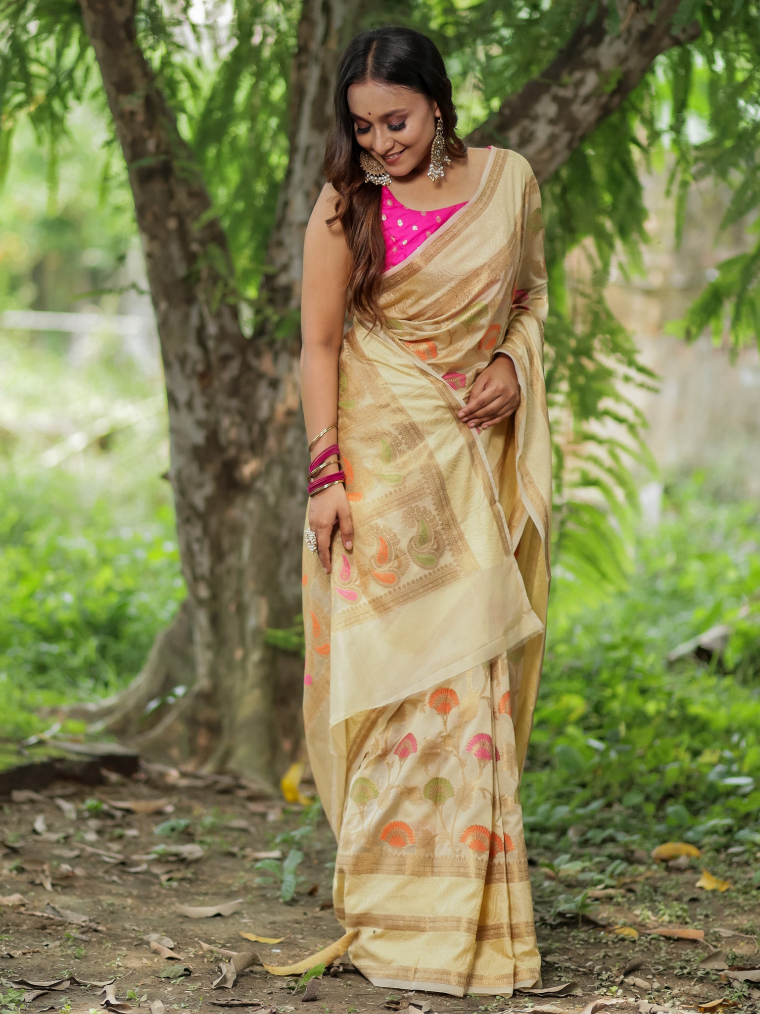 Banarasi Cotton Silk Saree With Resham Weaving & Border-Beige