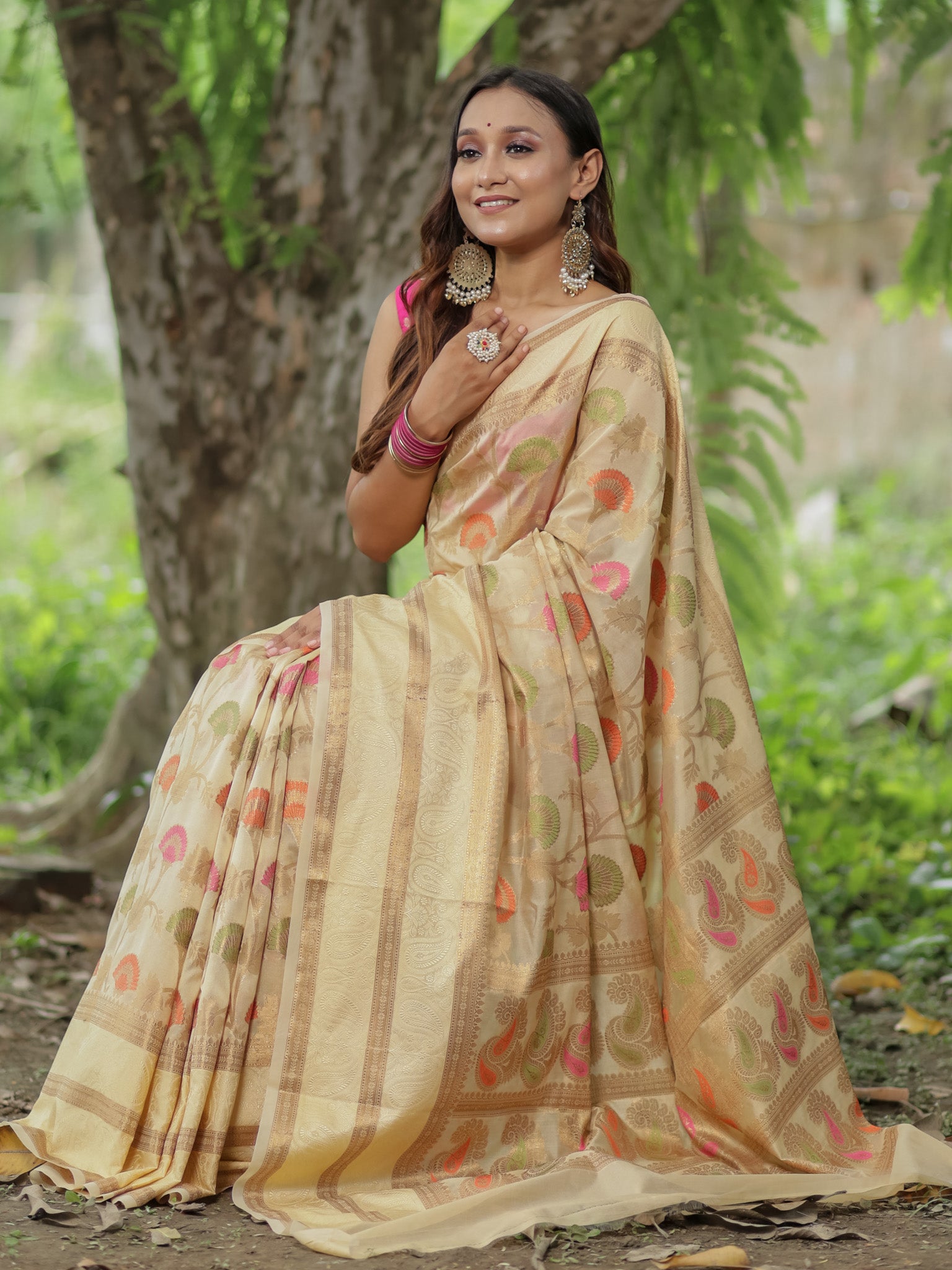 Banarasi Cotton Silk Saree With Resham Weaving & Border-Beige