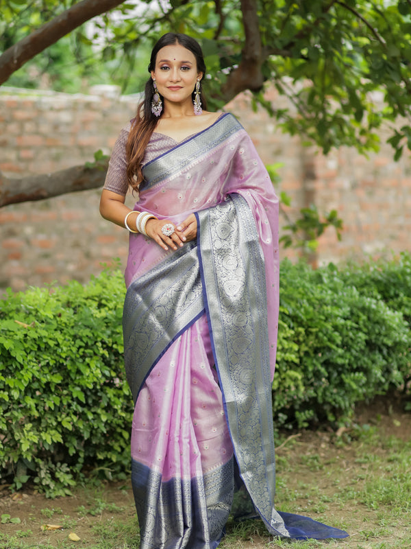 Banarasi Organza Mix Saree With Zari Weaving & Border-Pink