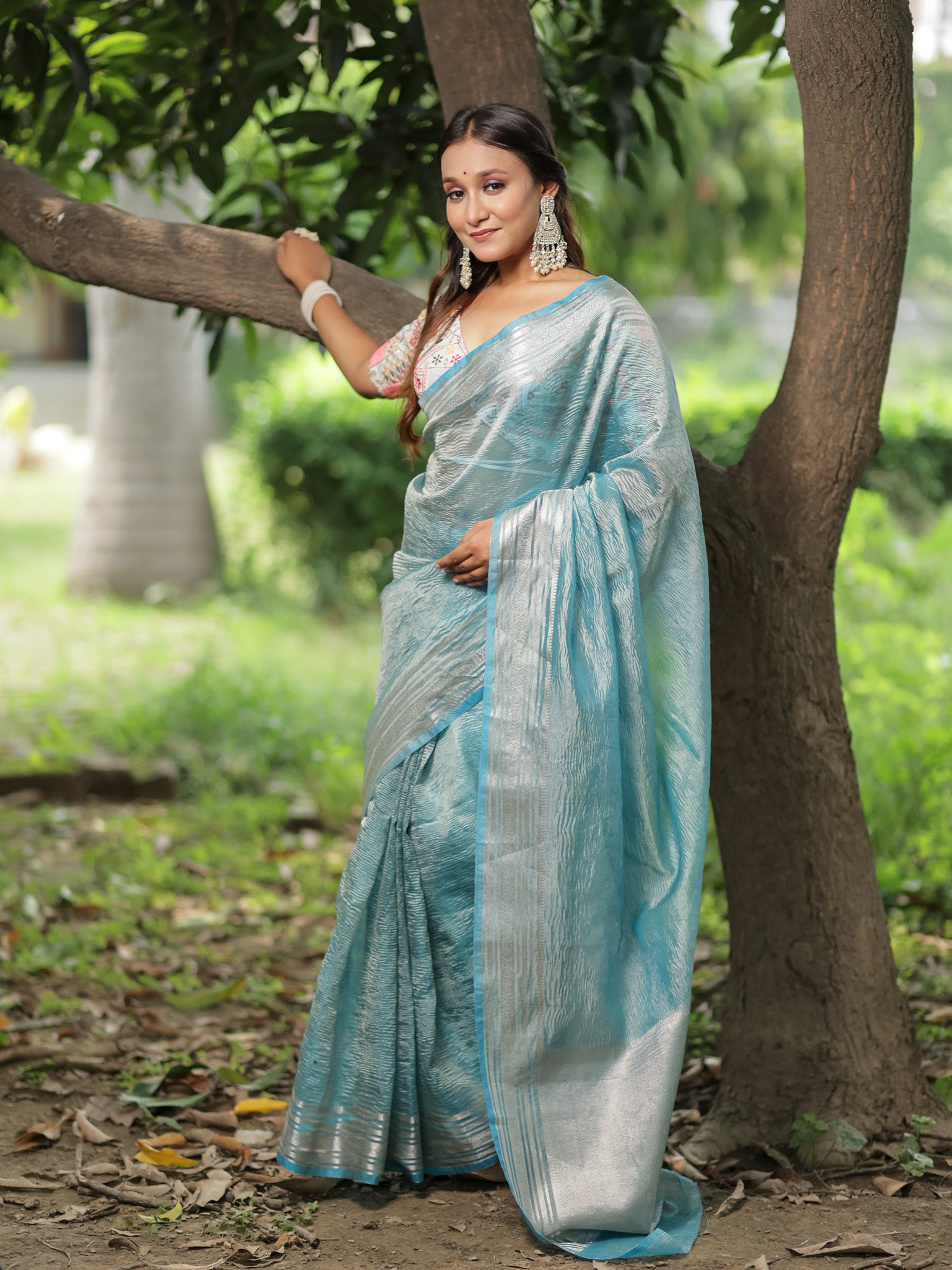 Banarasi Crushed Tissue Saree With Zari Border- Blue