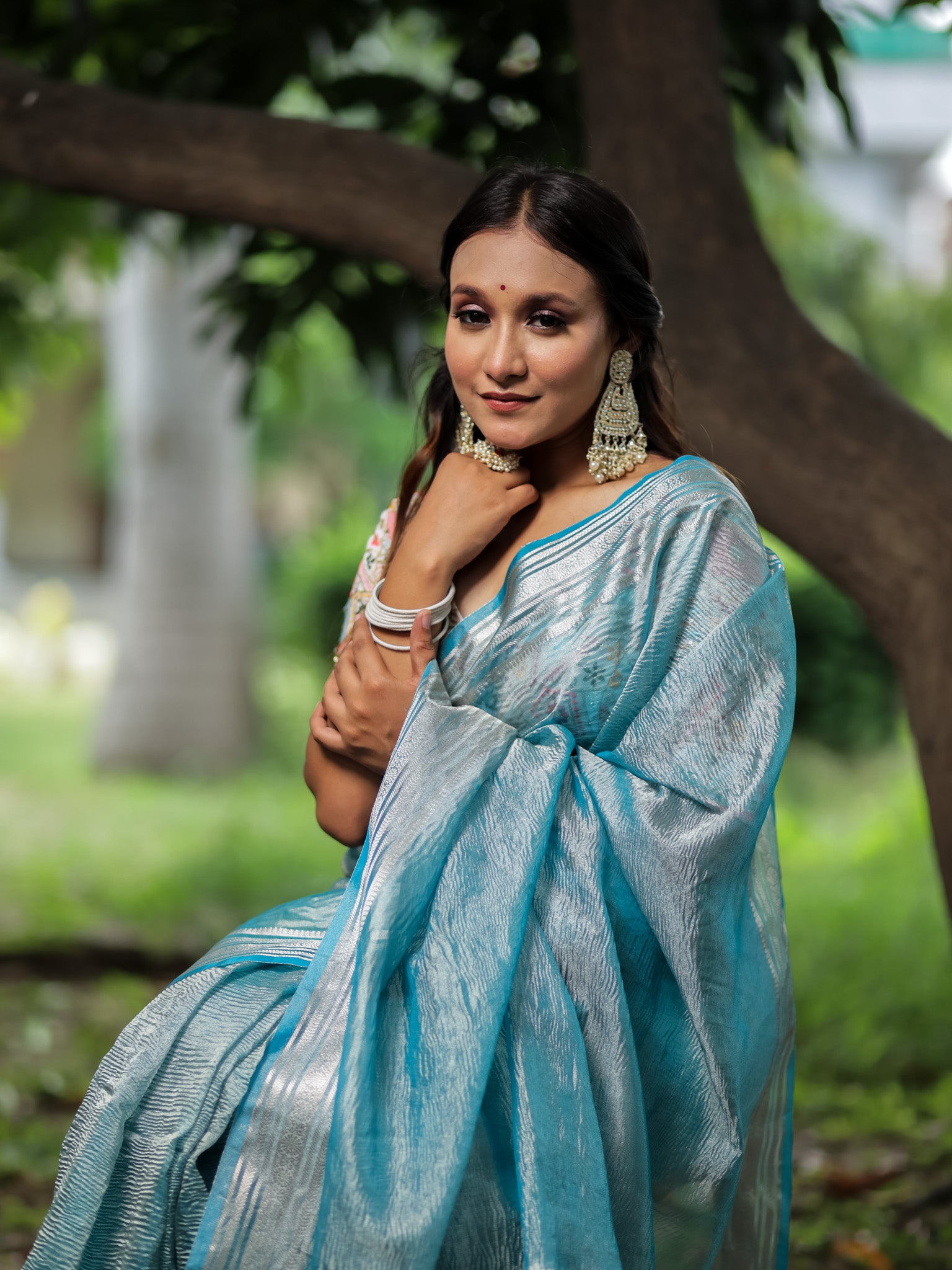 Banarasi Crushed Tissue Saree With Zari Border- Blue