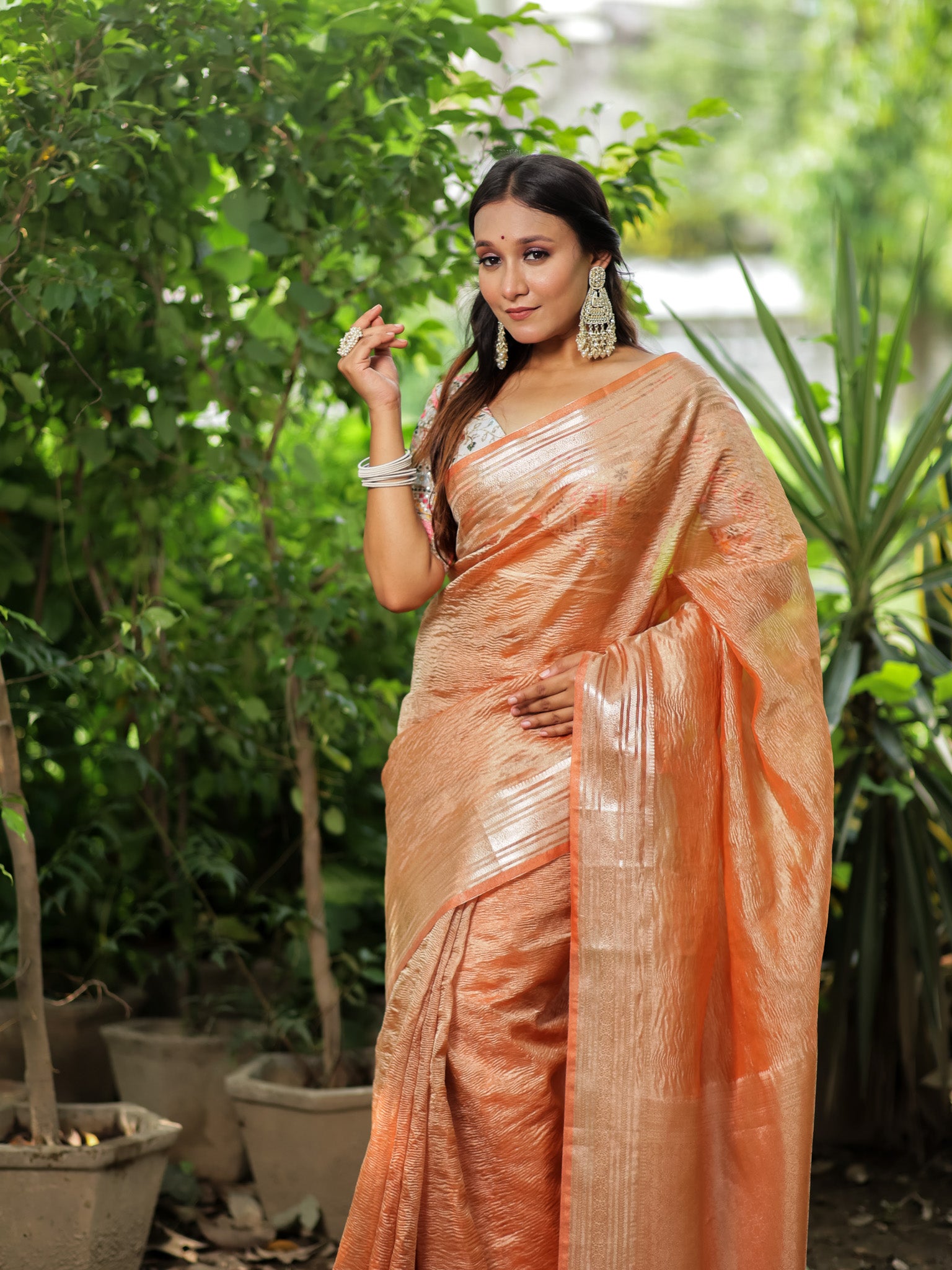 Banarasi Crushed Tissue Saree With Zari Border- Orange