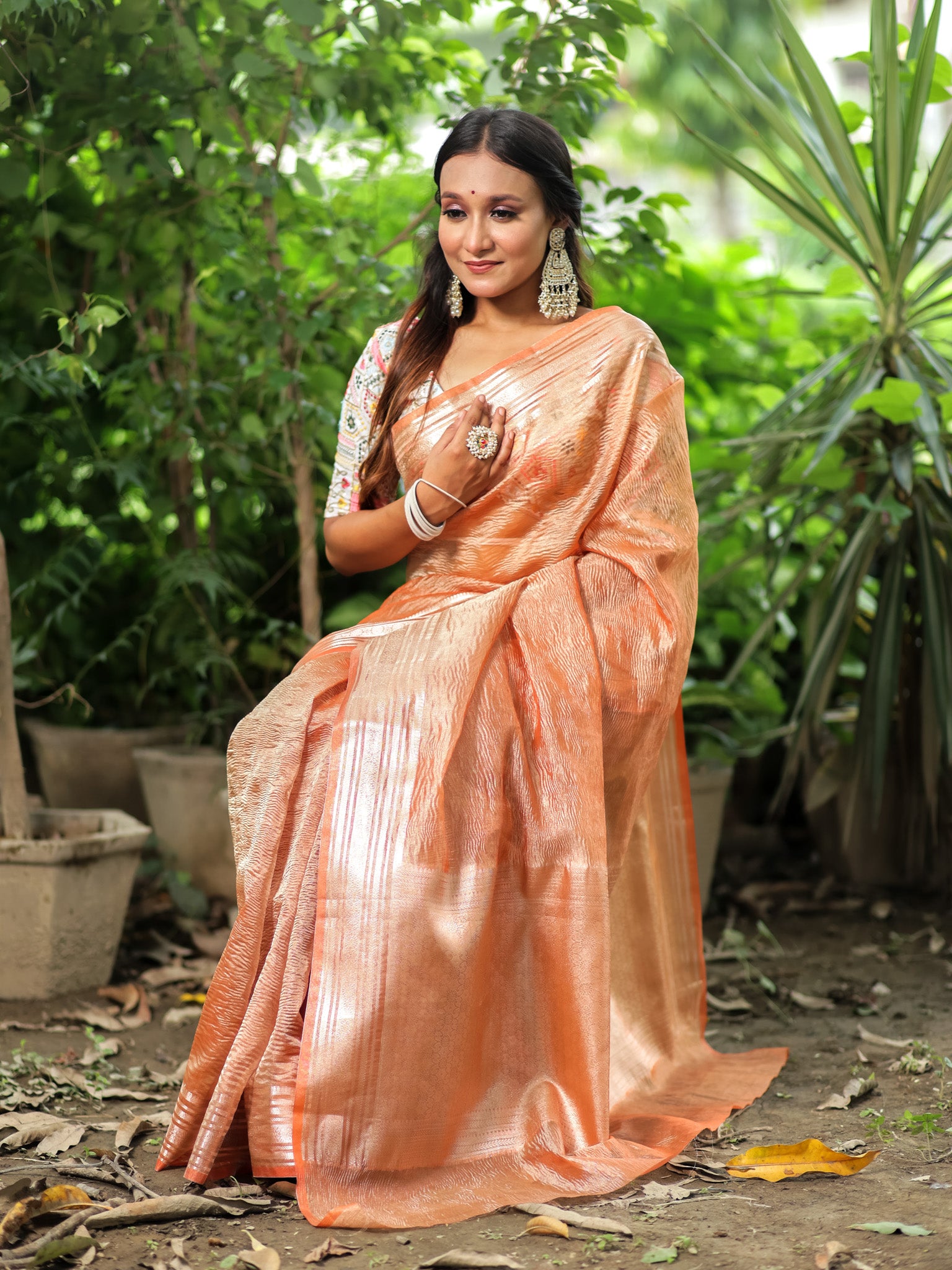 Banarasi Crushed Tissue Saree With Zari Border- Orange