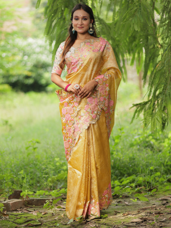 Banarasi Crushed Tissue Saree With Embroidered Border-Yellow