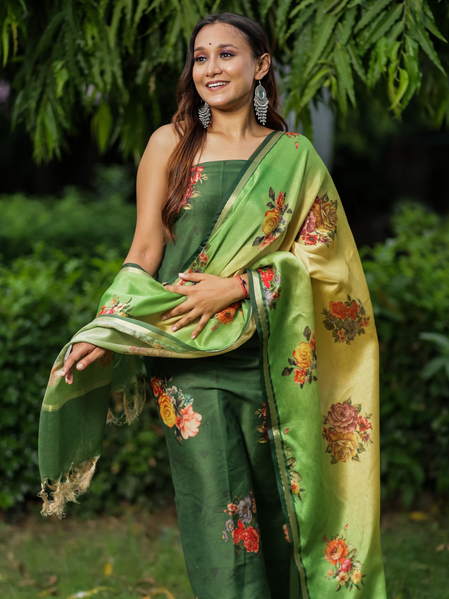 Banarasi Semi Silk Salwar Kameez Fabric With Floral Printed Dupatta-Green