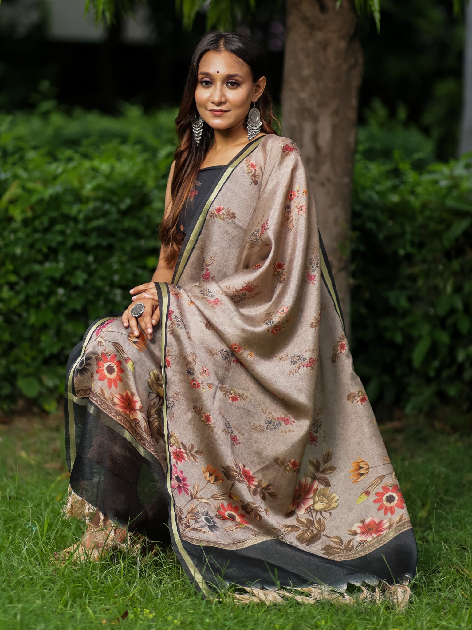 Banarasi Semi Silk Salwar Kameez Fabric With Floral Printed Dupatta- Black