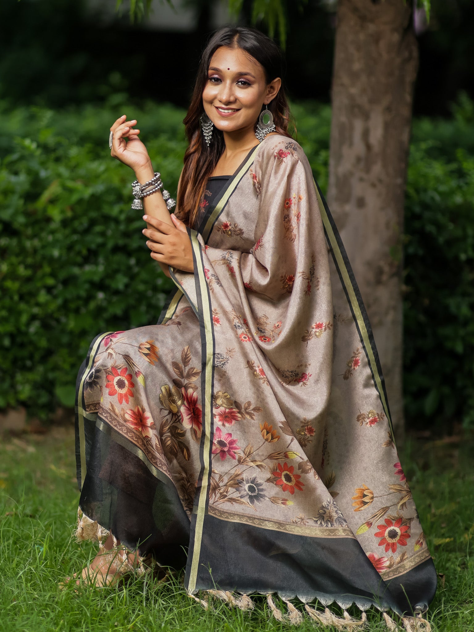 Banarasi Semi Silk Salwar Kameez Fabric With Floral Printed Dupatta- Black