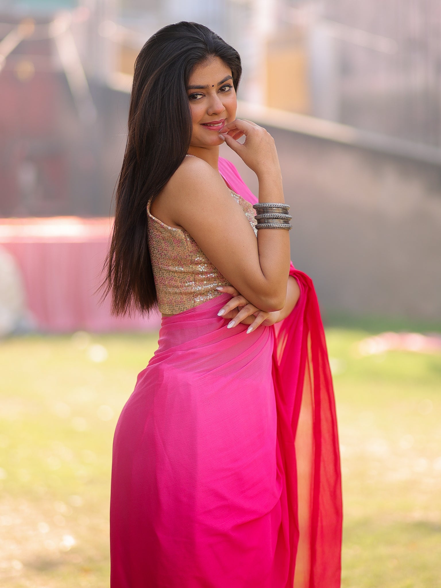 Shaded Chiffon Saree - Pink