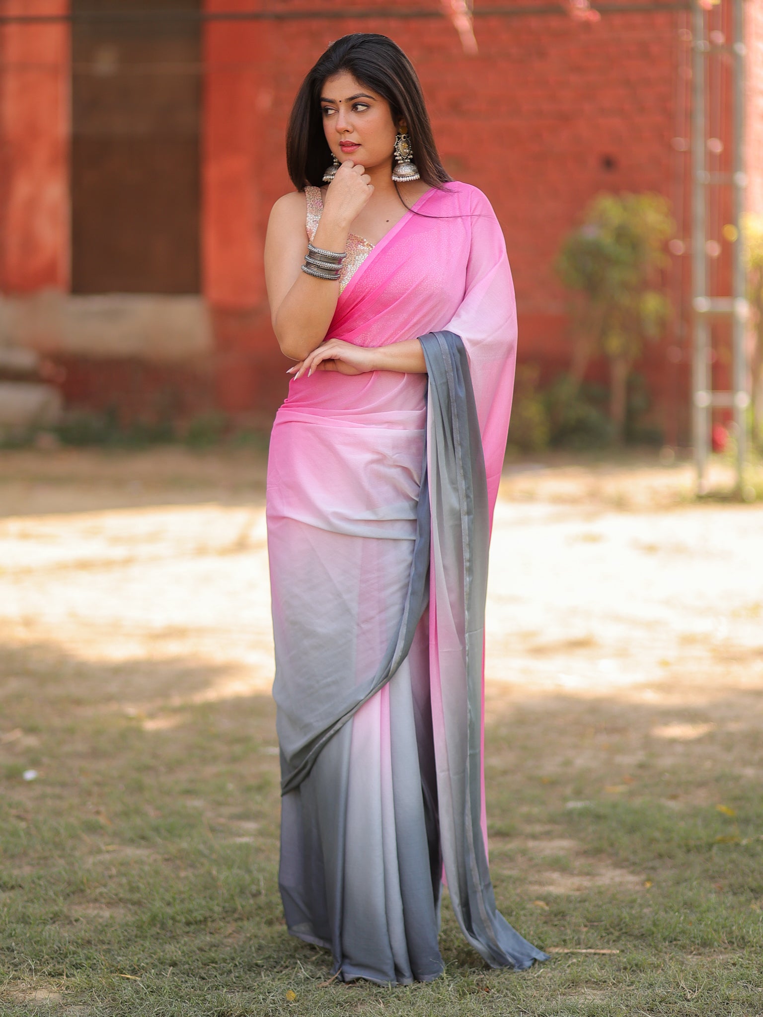 Shaded Chiffon Saree - Grey & Pink