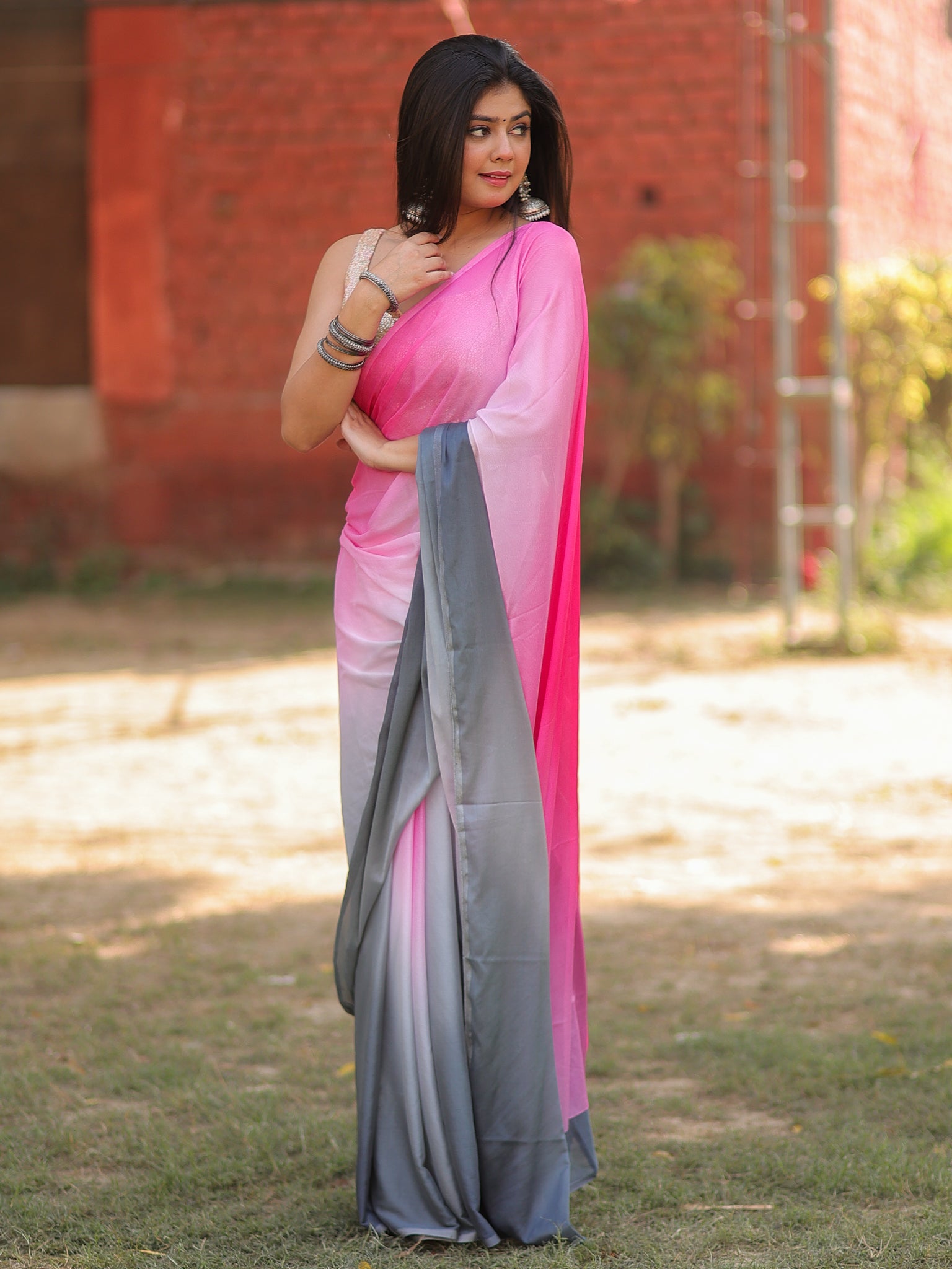 Shaded Chiffon Saree - Grey & Pink