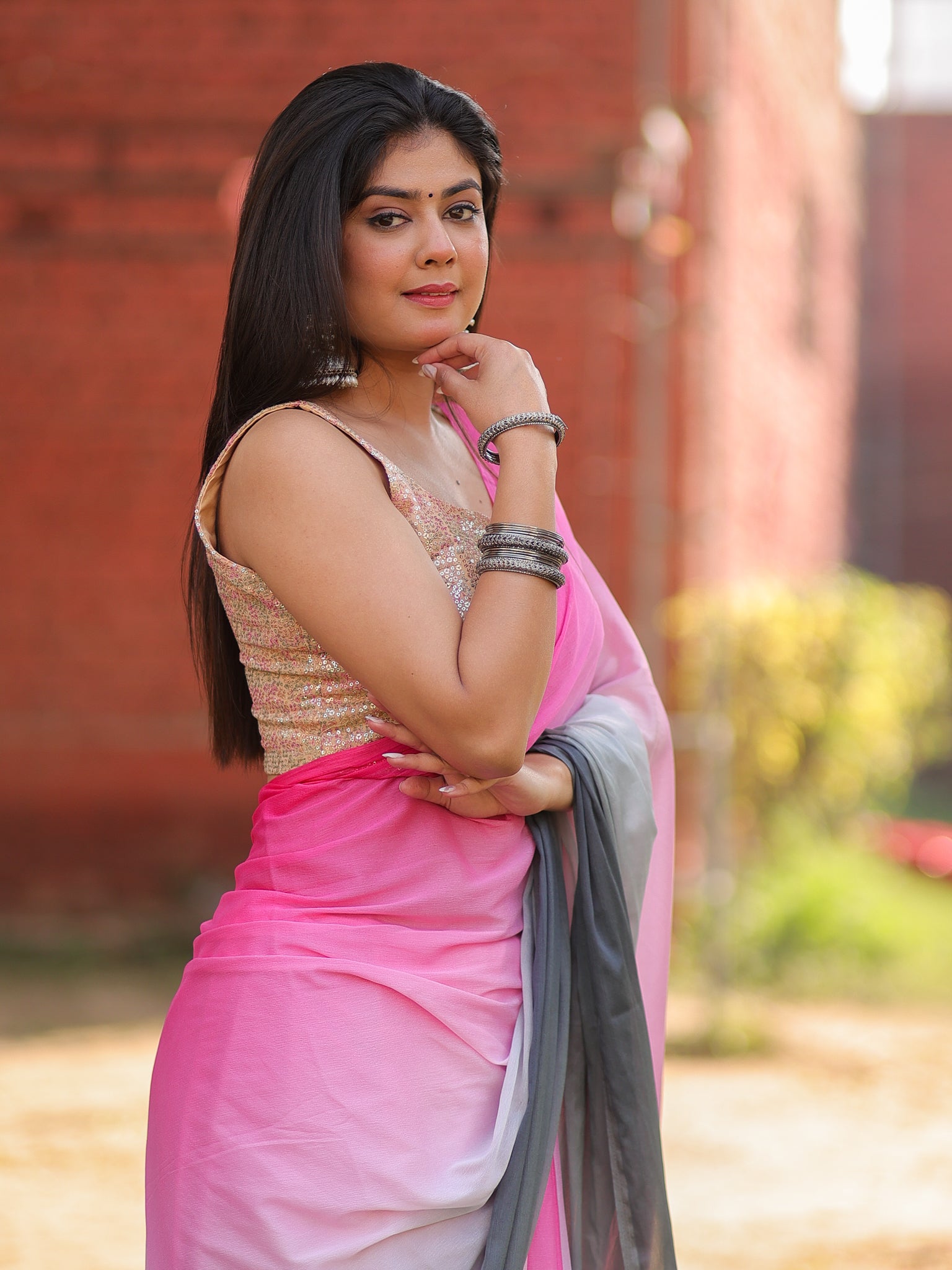 Shaded Chiffon Saree - Grey & Pink