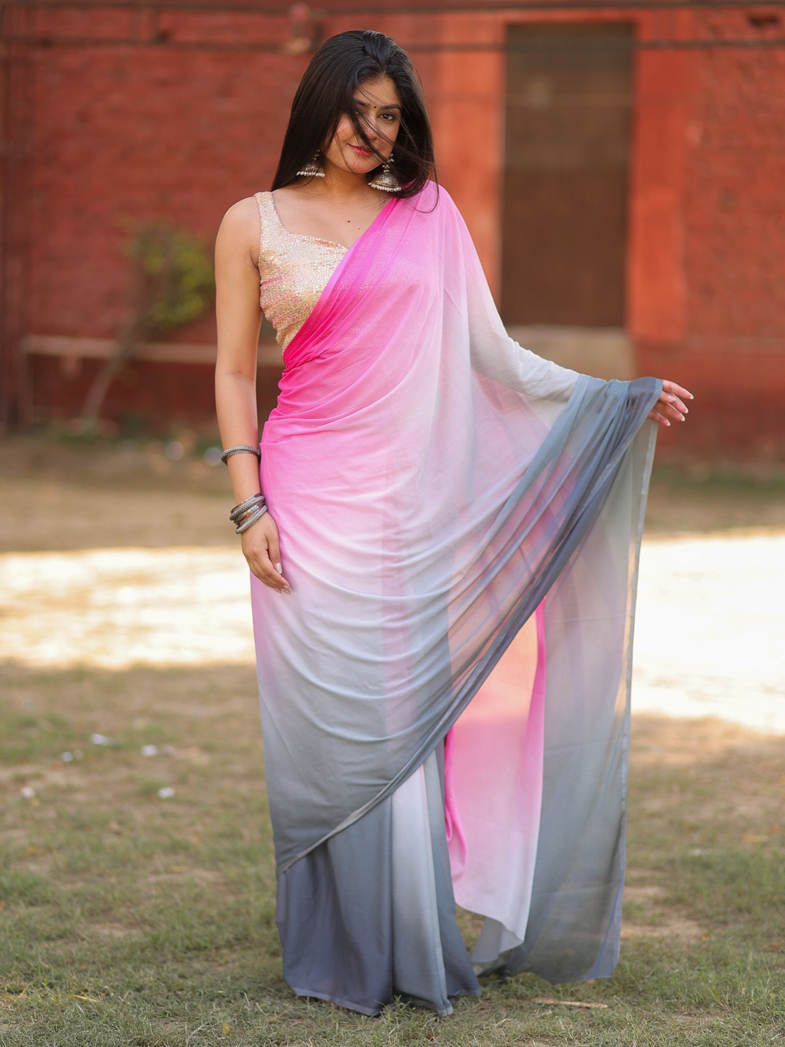 Shaded Chiffon Saree - Grey & Pink