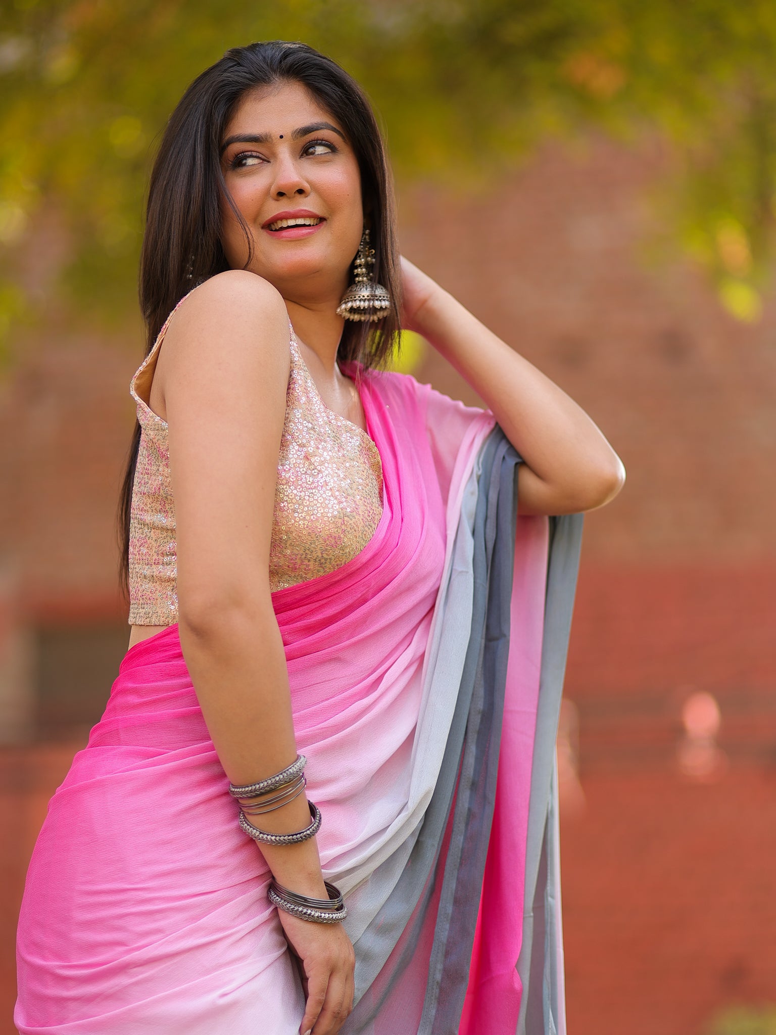 Shaded Chiffon Saree - Grey & Pink