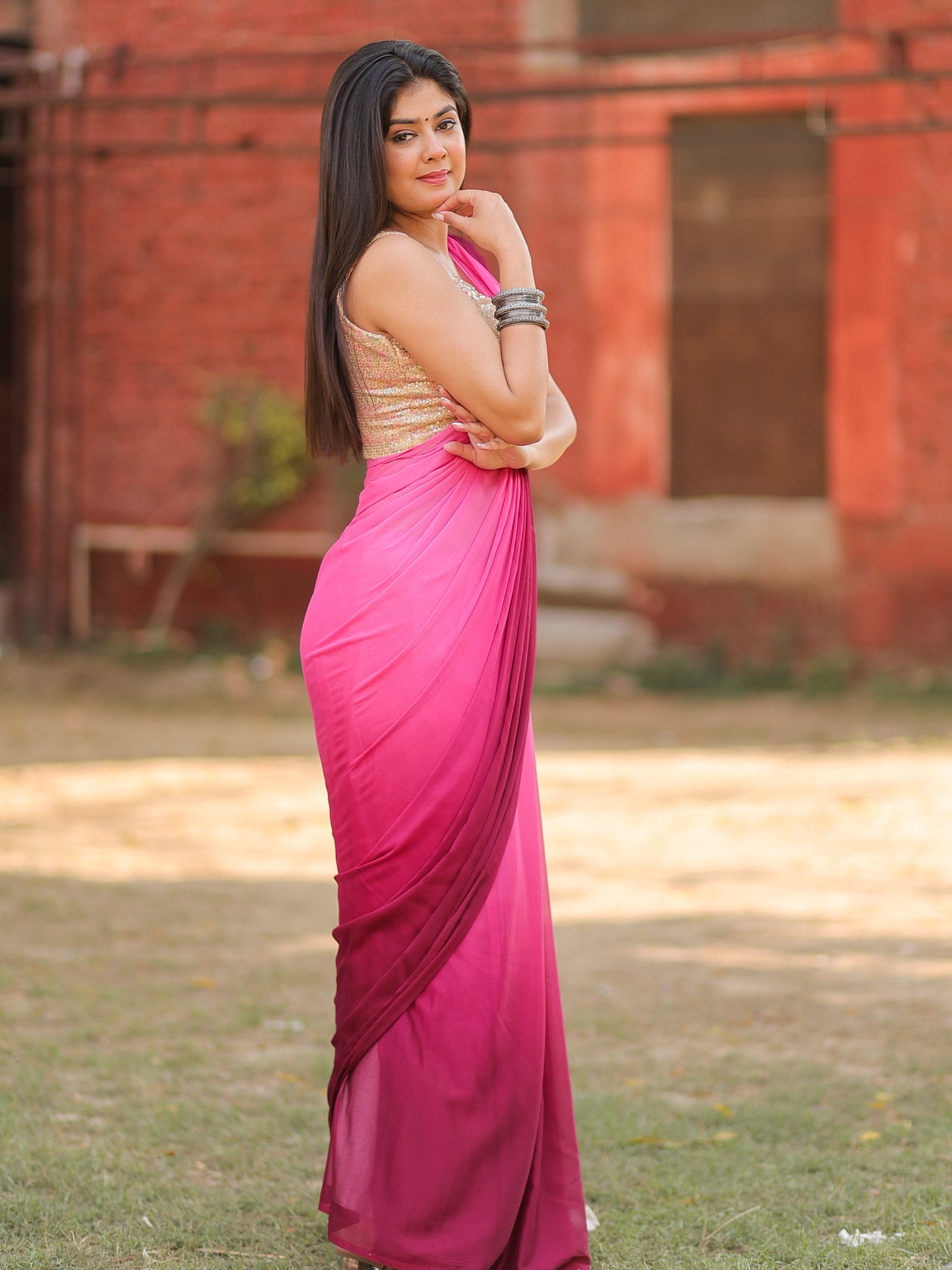 Shaded Chiffon Saree - Pink