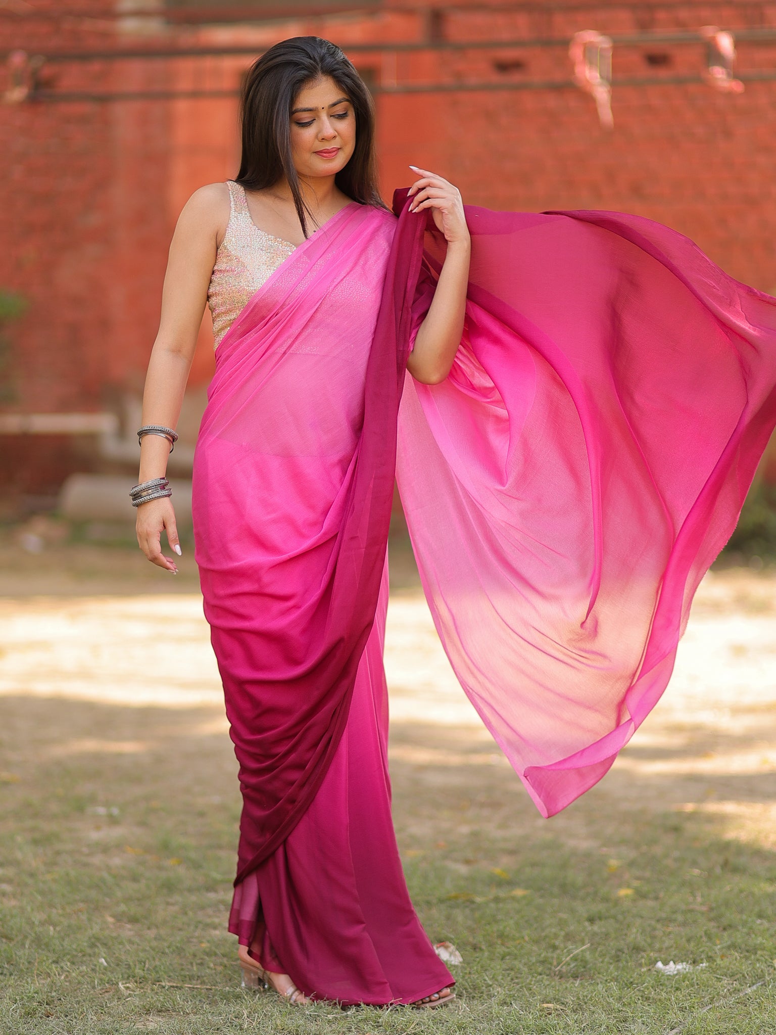 Shaded Chiffon Saree - Pink