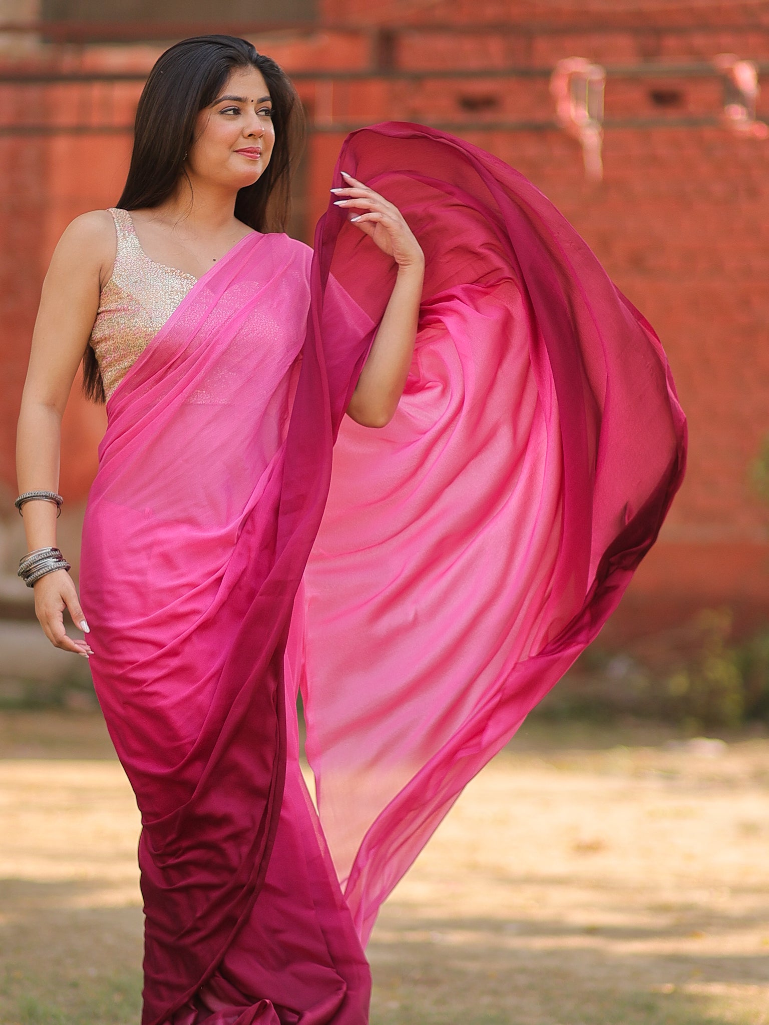 Shaded Chiffon Saree - Pink