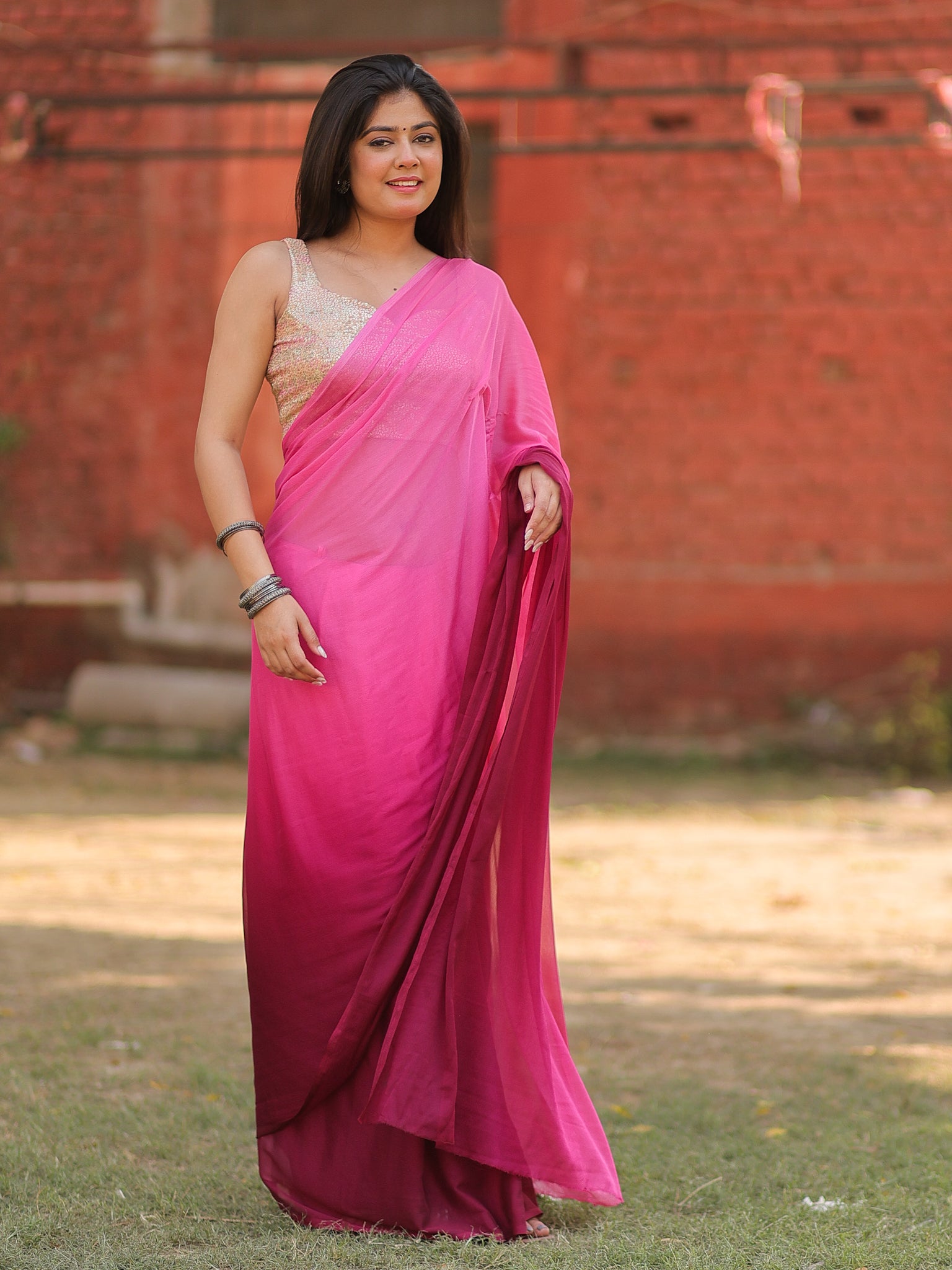 Shaded Chiffon Saree - Pink