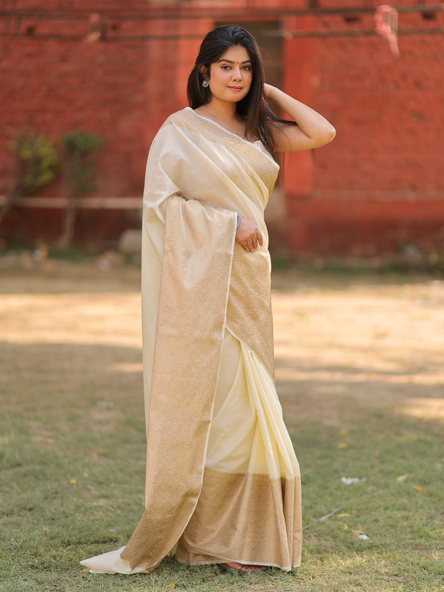 Banarasi Cotton Silk Saree With Plain Skirt Border- Off White