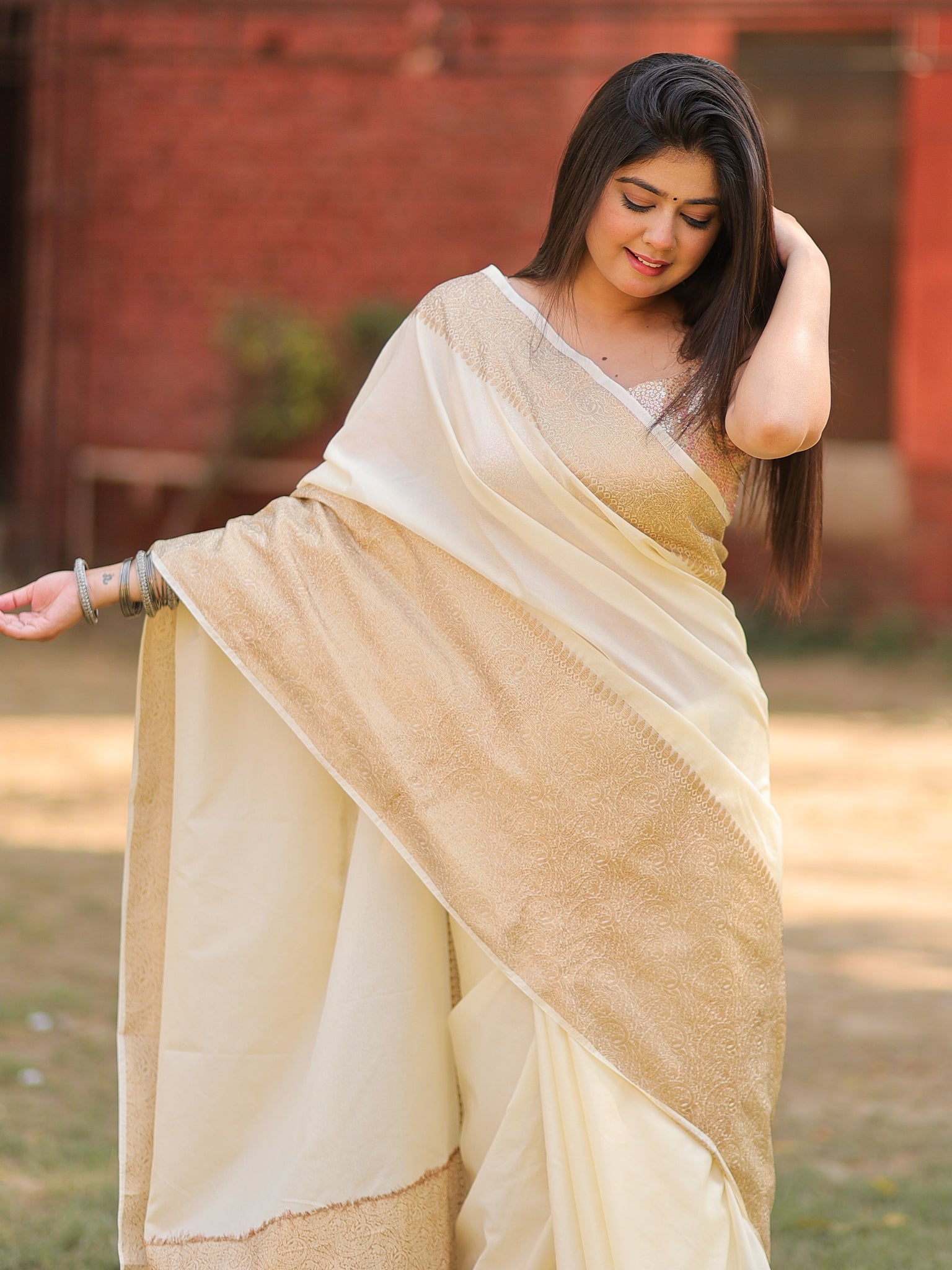 Banarasi Cotton Silk Saree With Plain Skirt Border- Off White